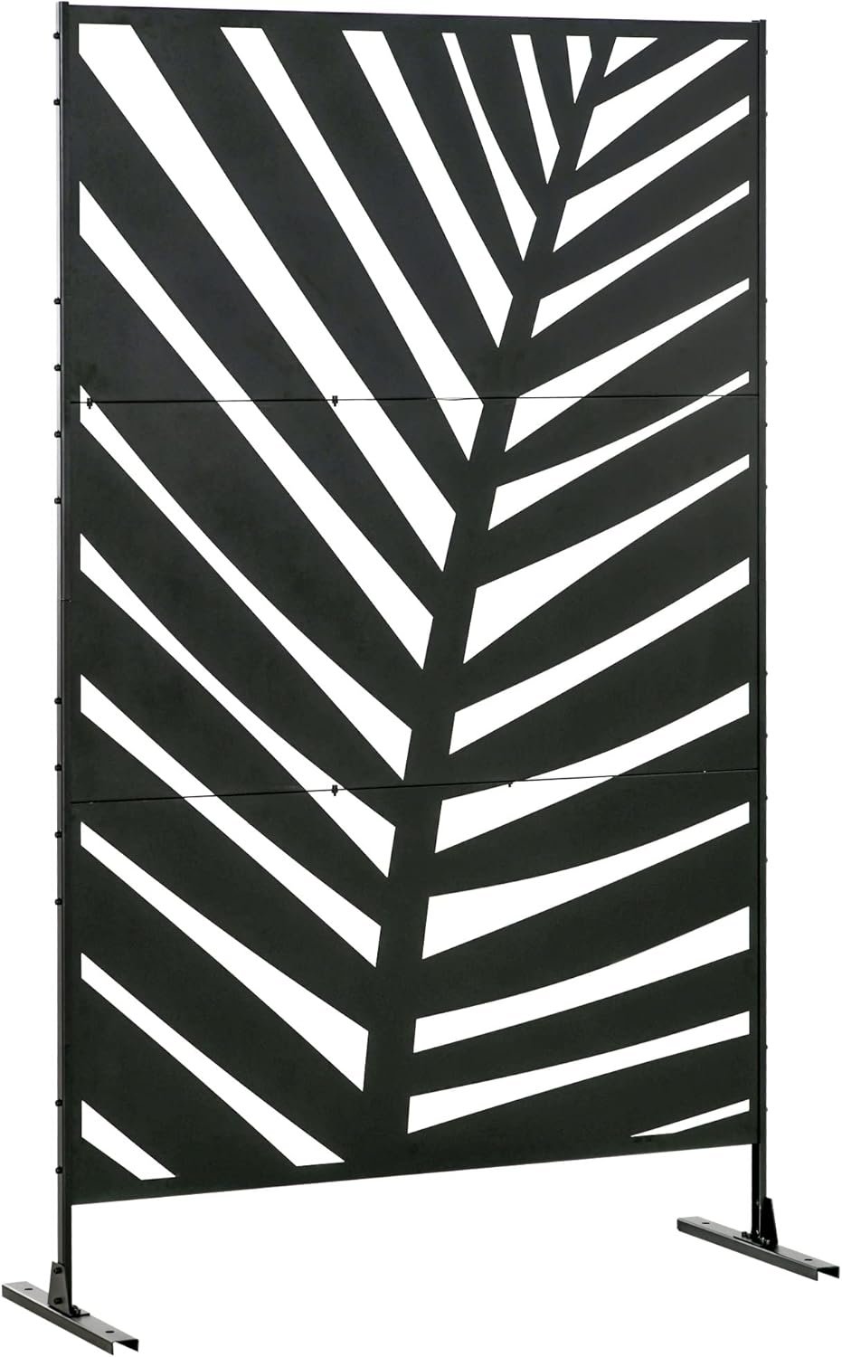 Outsunny Raumteiler 3-teilig 122 x 198 cm Balkon Sichtschutz Raumtrenner mit Bananenblattmuster Freistehend Paravent mit Ständer Trennwand 3-TLG Sichtschutz Stahl Raumteiler für Garten, Schwarz
