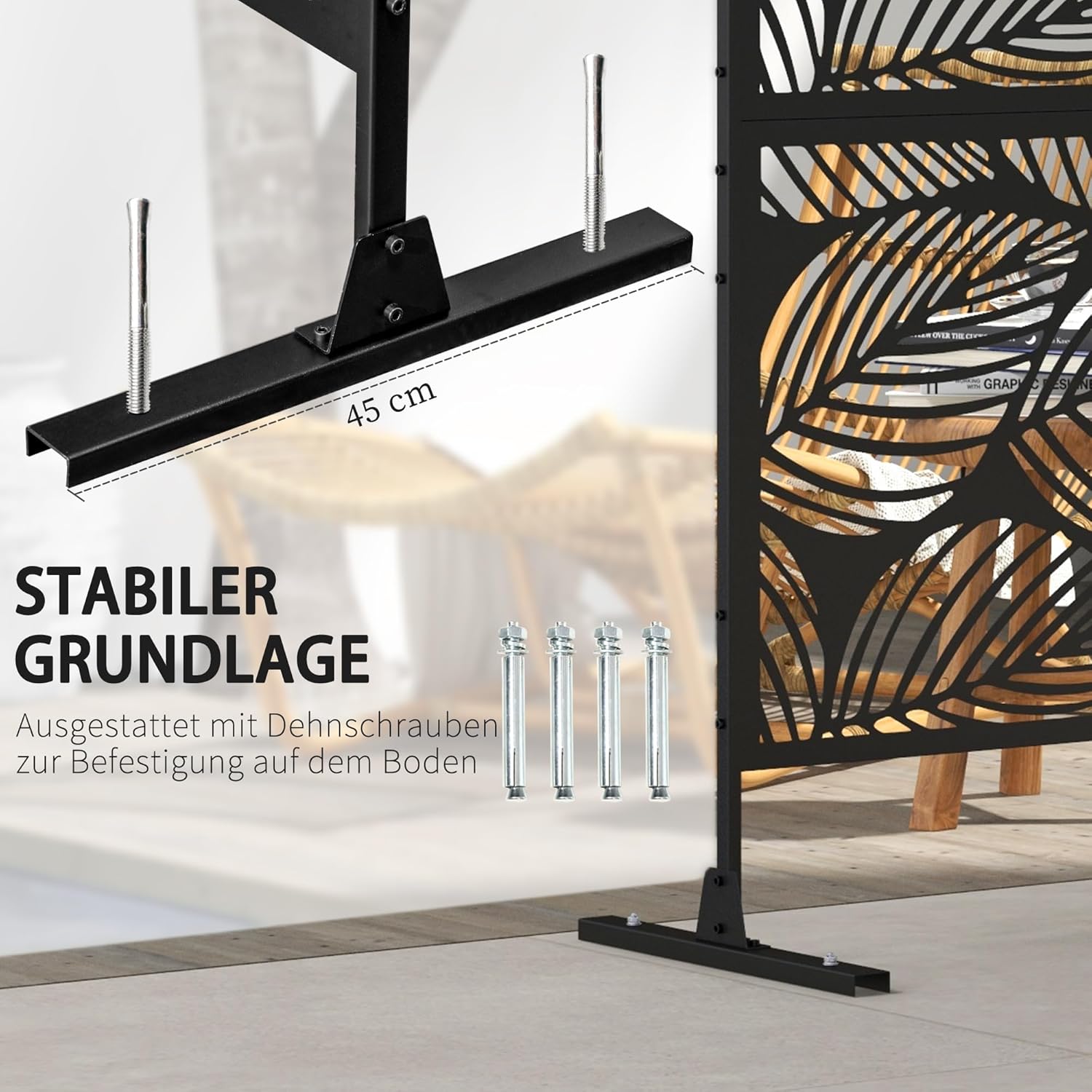 Outsunny Raumteiler 3-teilig 122 x 198 cm Gartensichtschutz, Trennwand 3-TLG Sichtschutz aus Stahl Freistehend Paravent mit Blättermuster Raumteiler für Garten, Terrasse, Schwarz — Ansicht 4