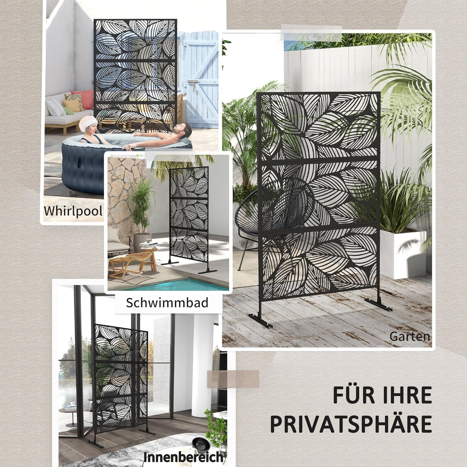 Outsunny Raumteiler 3-teilig 122 x 198 cm Gartensichtschutz, Trennwand 3-TLG Sichtschutz aus Stahl Freistehend Paravent mit Blättermuster Raumteiler für Garten, Terrasse, Schwarz — Ansicht 5