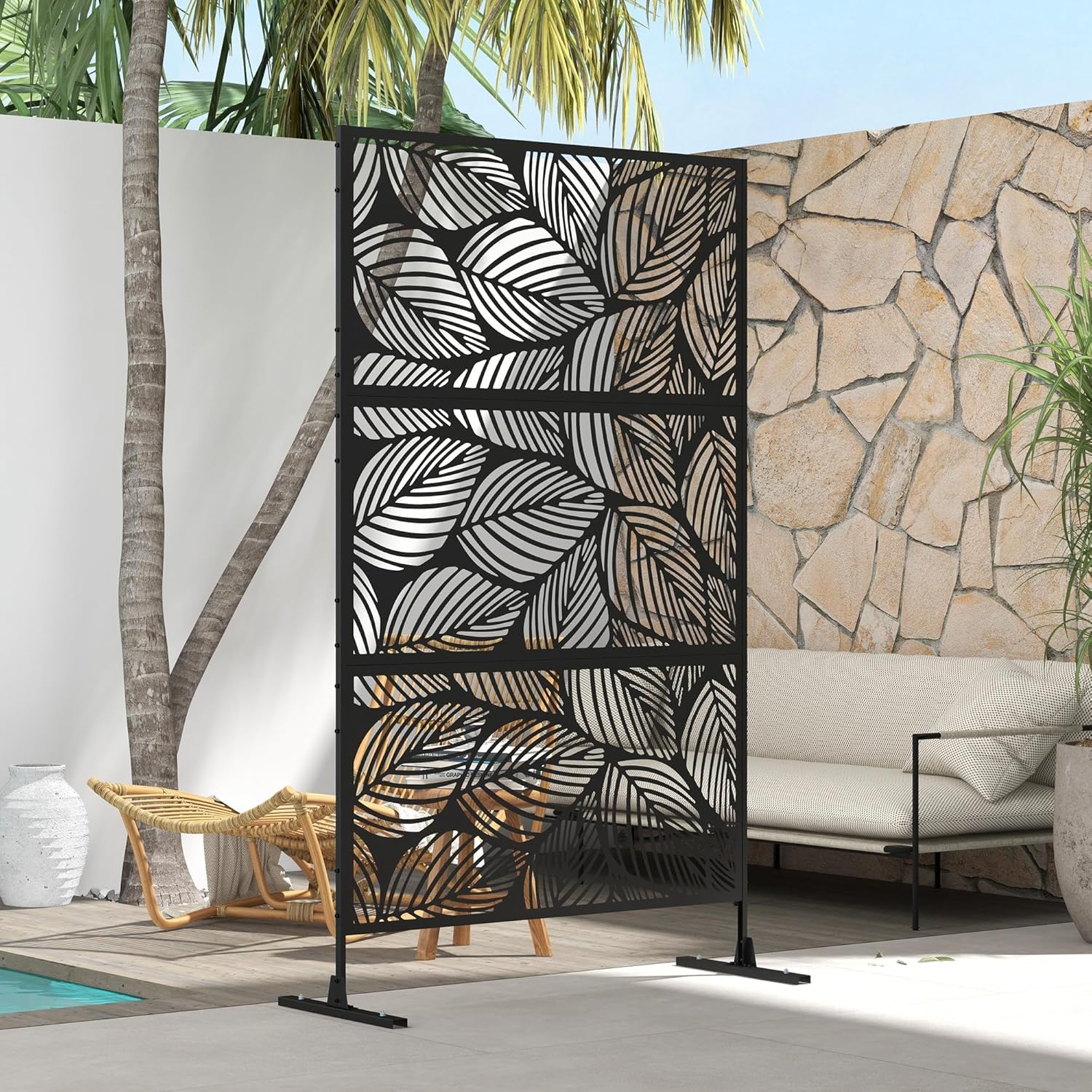 Outsunny Raumteiler 3-teilig 122 x 198 cm Gartensichtschutz, Trennwand 3-TLG Sichtschutz aus Stahl Freistehend Paravent mit Blättermuster Raumteiler für Garten, Terrasse, Schwarz — Ansicht 6