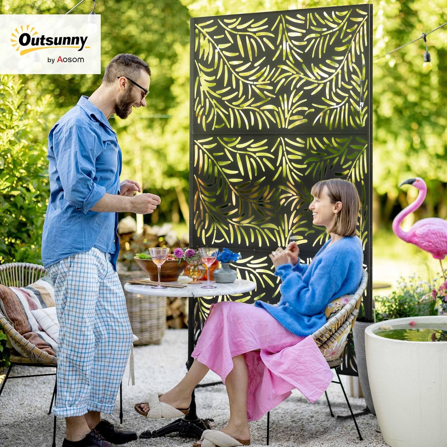 Outsunny Raumteiler 3-teilig 122 x 198 cm Sichtschutz mit Ständer mit Weidenblattmuster Trennwand Raumtrenner für Garten, Terrasse, Stahl, Schwarz — Ansicht 2