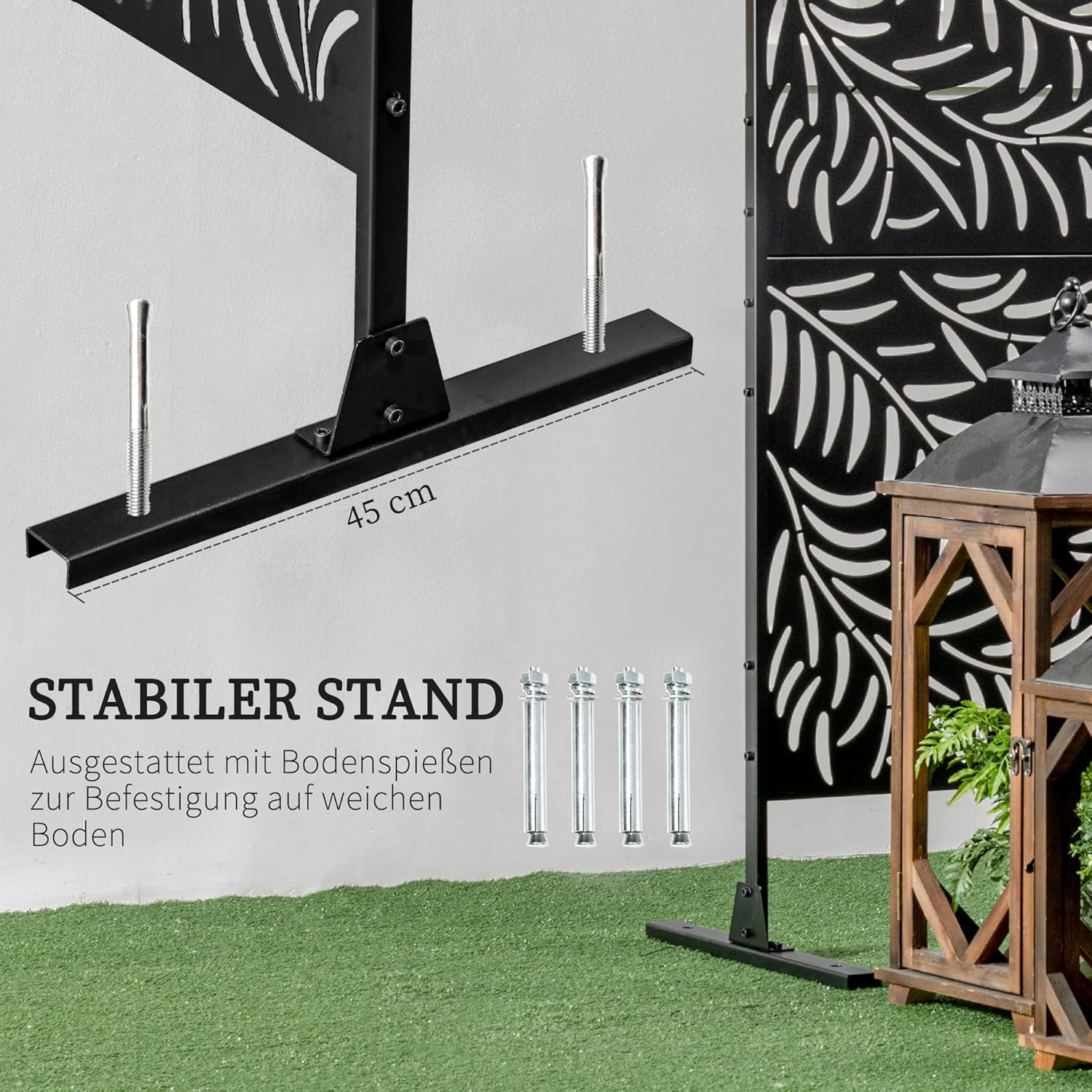 Outsunny Raumteiler 3-teilig 122 x 198 cm Sichtschutz mit Ständer mit Weidenblattmuster Trennwand Raumtrenner für Garten, Terrasse, Stahl, Schwarz — Ansicht 4