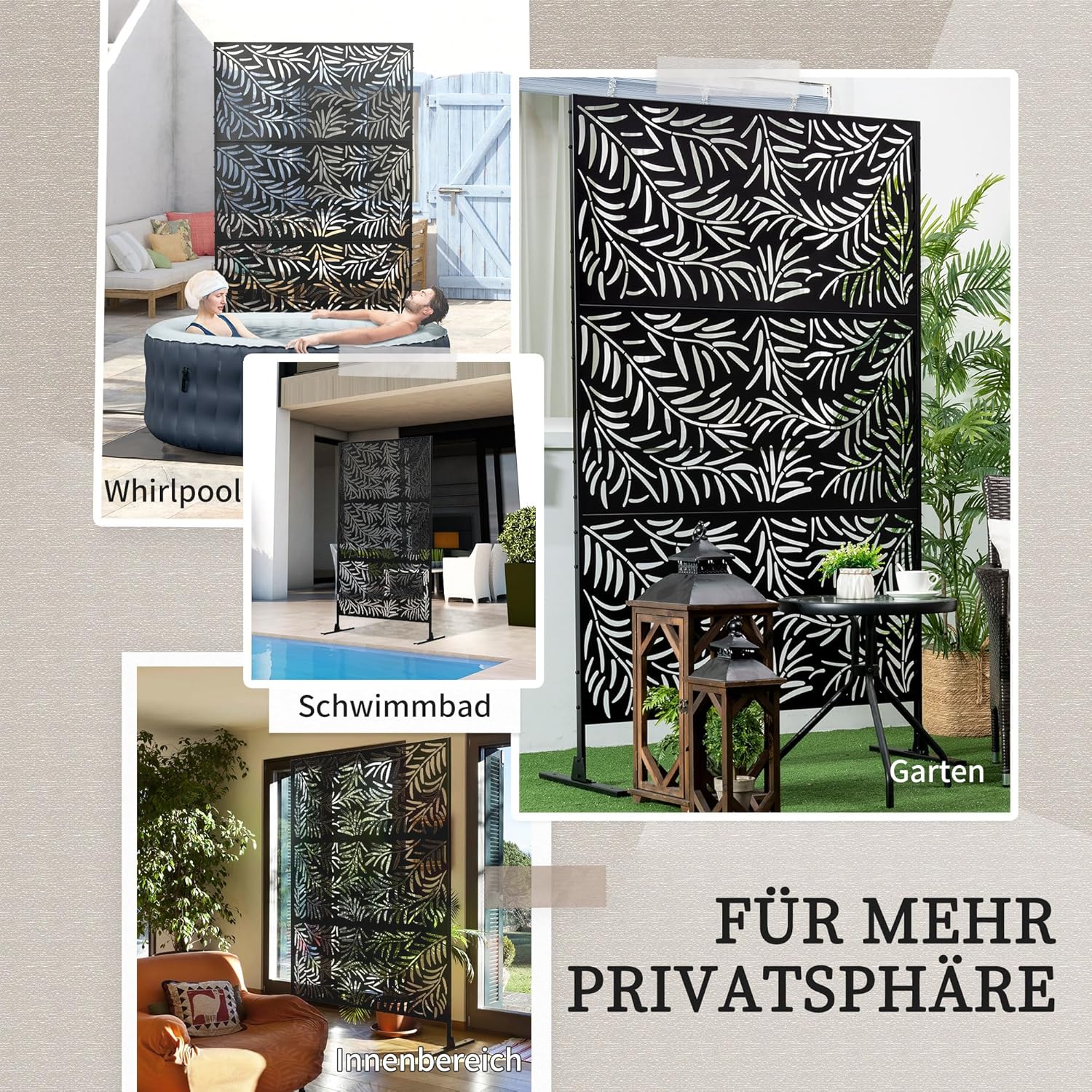 Outsunny Raumteiler 3-teilig 122 x 198 cm Sichtschutz mit Ständer mit Weidenblattmuster Trennwand Raumtrenner für Garten, Terrasse, Stahl, Schwarz — Ansicht 5