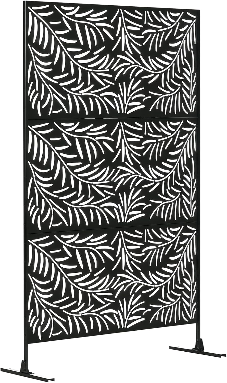 Outsunny Raumteiler 3-teilig 122 x 198 cm Sichtschutz mit Ständer mit Weidenblattmuster Trennwand Raumtrenner für Garten, Terrasse, Stahl, Schwarz