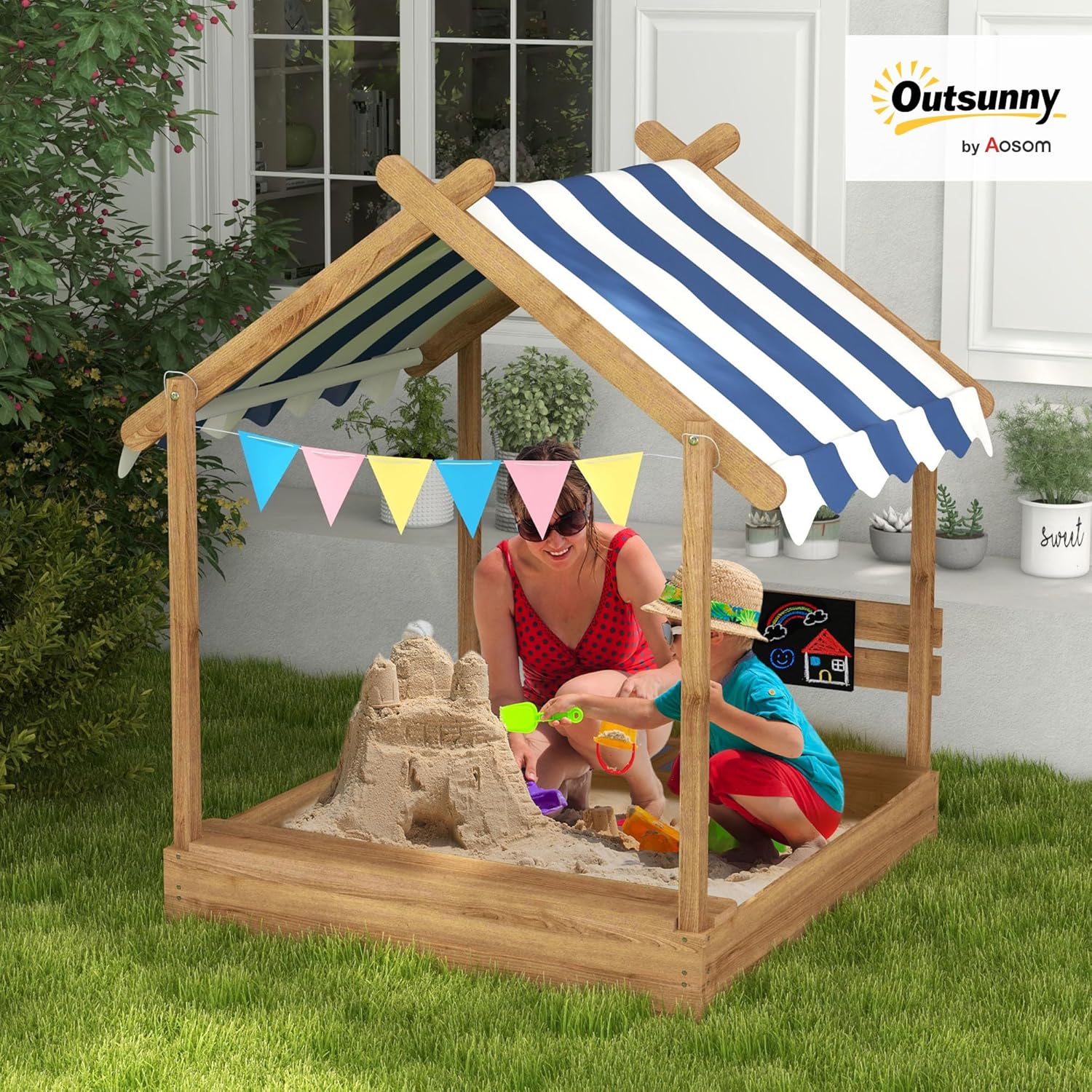 Outsunny Sandkasten mit Dach, Sandkiste aus Holz mit Sitzplatz, Spielhaus, 124 x 116 x 146 cm Sandbox mit Tafel für 3-7 Jahre Kinder, Garten, Braun — Ansicht 2