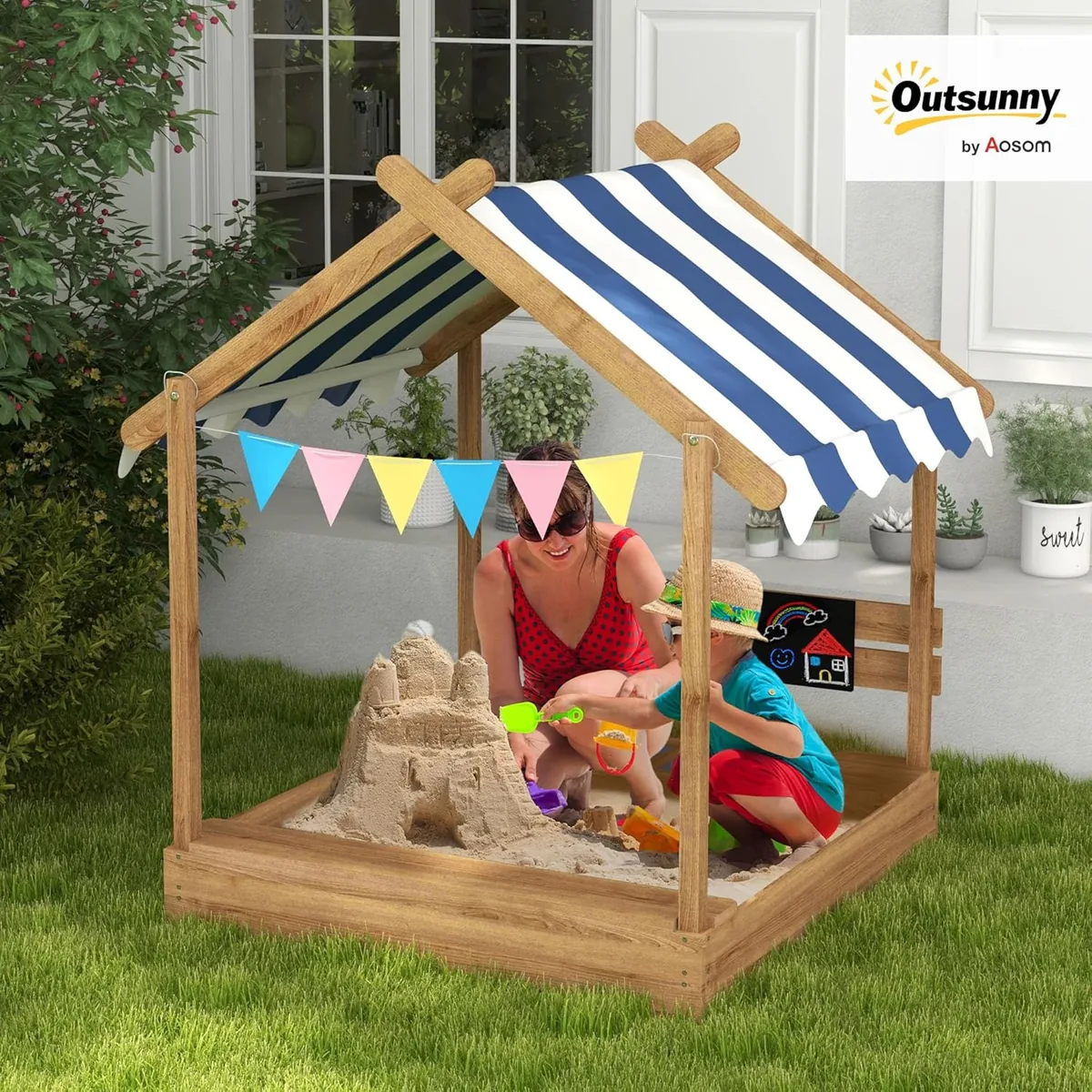Sandkasten mit Dach, Sandkiste aus Holz mit Sitzplatz… — Ansicht 2