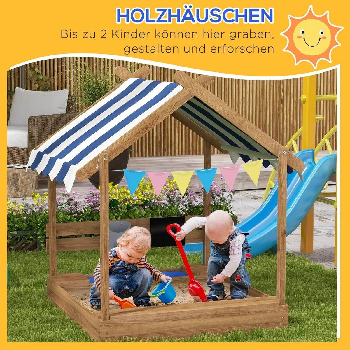 Sandkasten mit Dach, Sandkiste aus Holz mit Sitzplatz… — Ansicht 3