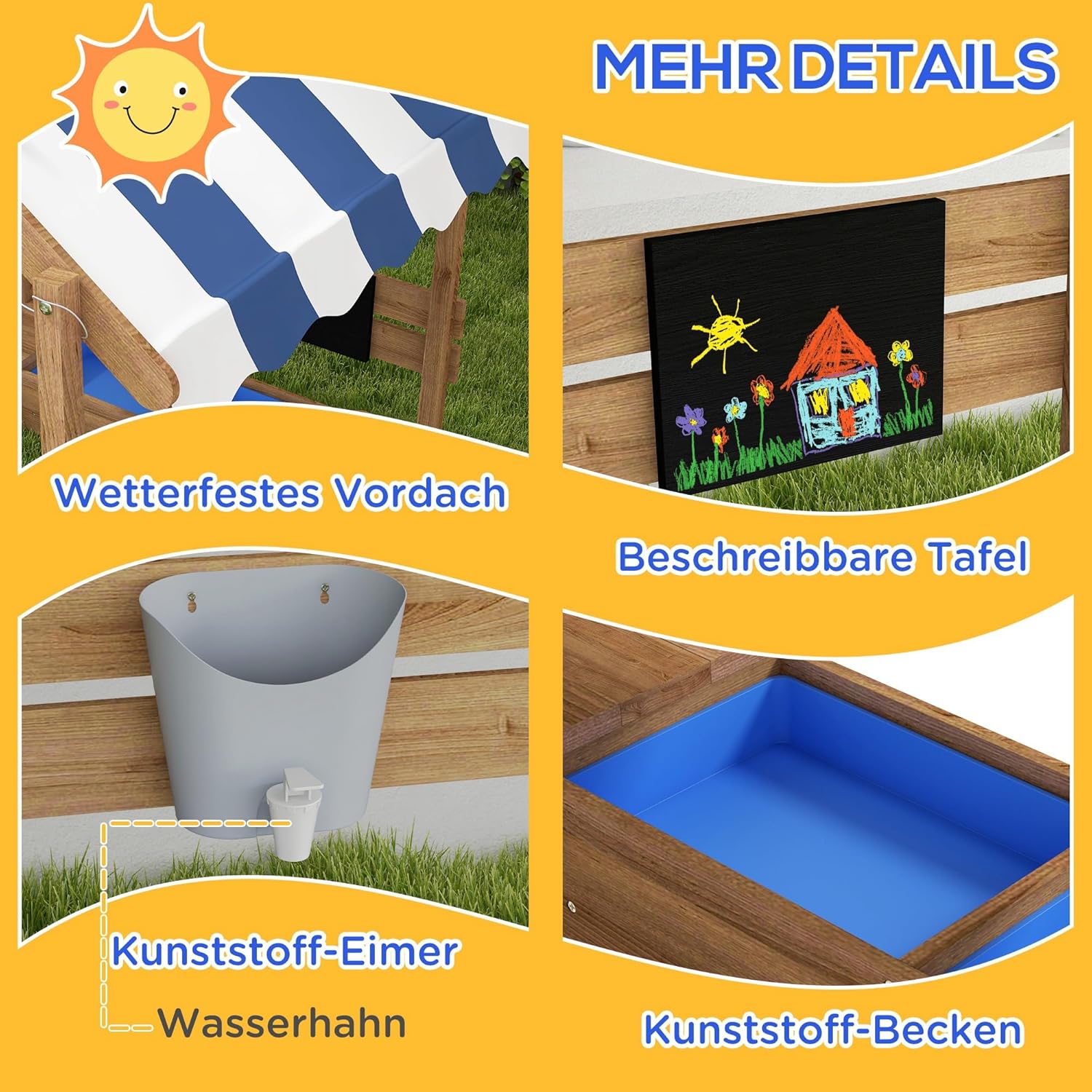 Outsunny Sandkasten mit Dach, Sandkiste aus Holz mit Sitzplatz, Spielhaus, 124 x 116 x 146 cm Sandbox mit Tafel für 3-7 Jahre Kinder, Garten, Braun — Ansicht 6