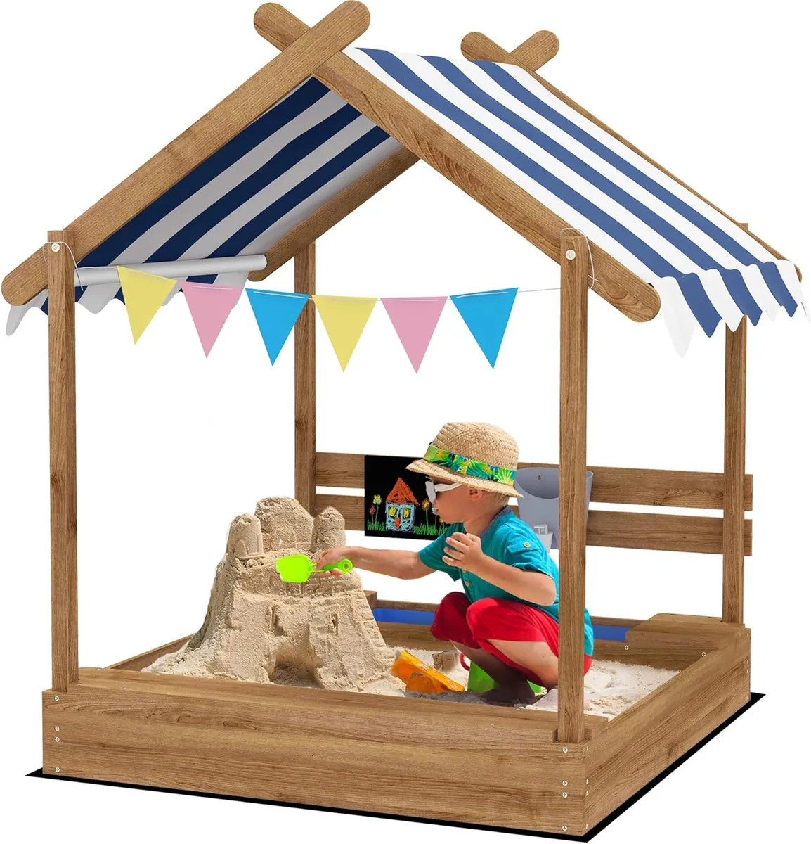 Sandkasten mit Dach, Sandkiste aus Holz mit Sitzplatz…