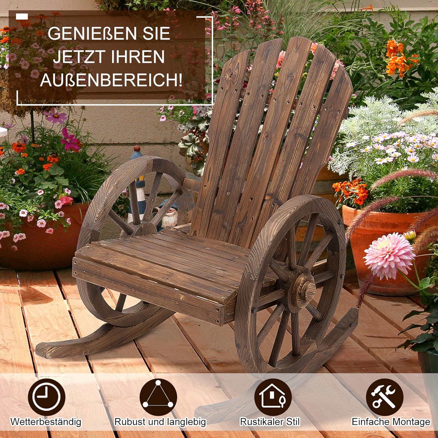 Outsunny Schaukelstuhl, Rustikaler Relaxstuhl, Gartenstuhl mit Rollen-Design, Schwingsessel, Massivholz, Dunkelbraun, 68 x 88 x 92 cm — Ansicht 5