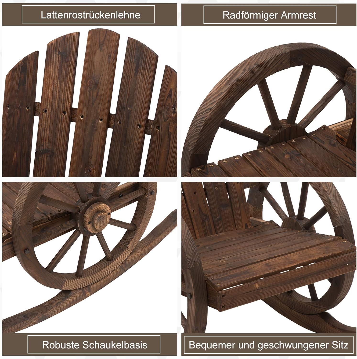 Outsunny Schaukelstuhl, Rustikaler Relaxstuhl, Gartenstuhl mit Rollen-Design, Schwingsessel, Massivholz, Dunkelbraun, 68 x 88 x 92 cm — Ansicht 6