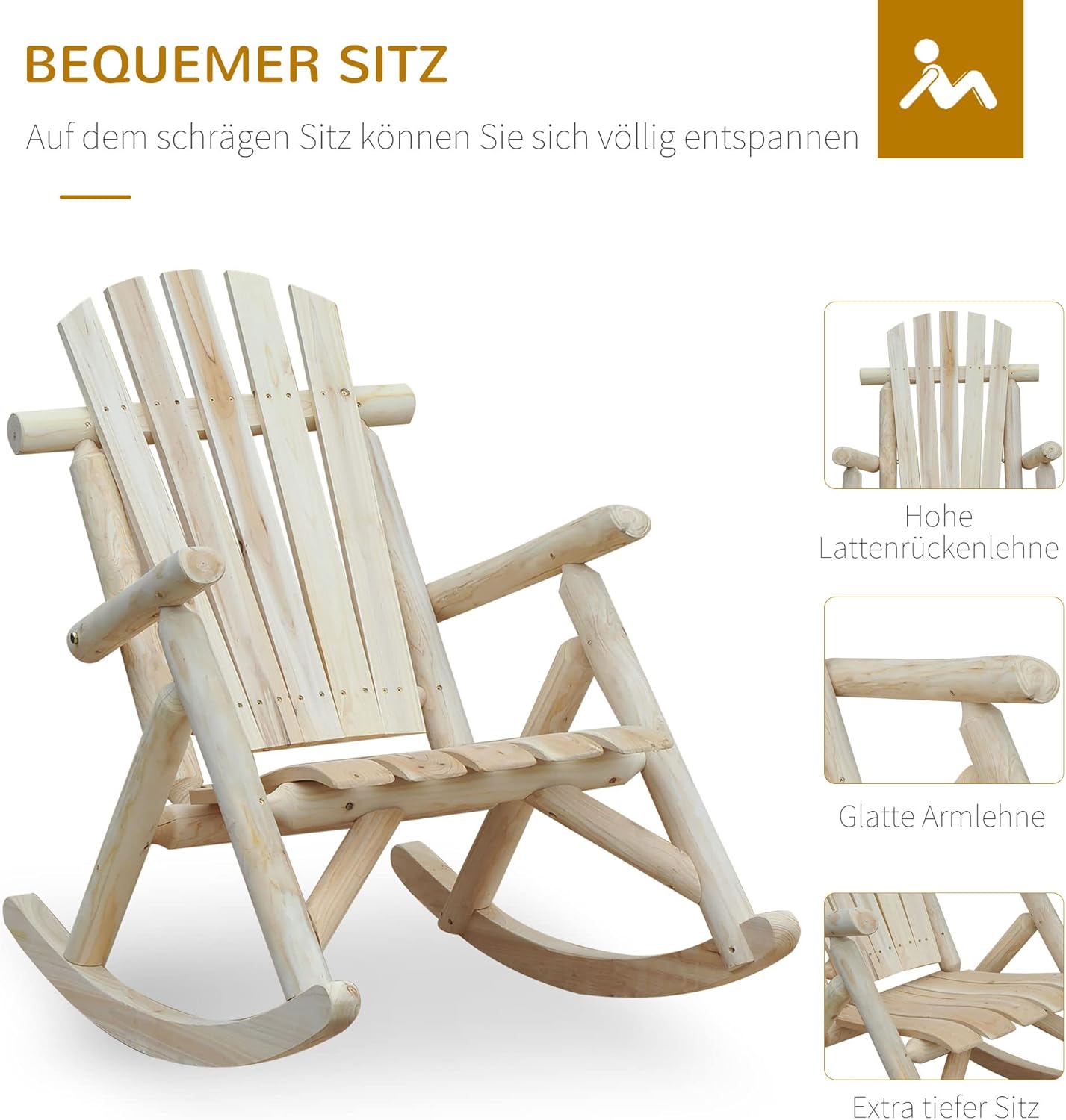 Outsunny Schaukelstuhl Schwingsessel Schaukel Gartenstuhl Relaxstuhl Tannenholz Natur — Ansicht 6