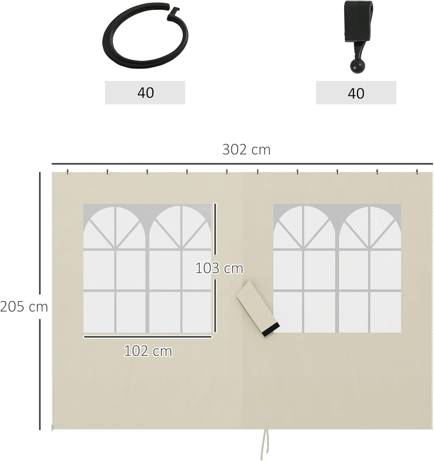 Outsunny Seitenwand 4er Set für 3 x 3 m Pavillon Seitenteile mit 8 Fenster Klettverschluss 302x205 cm Wasserdicht stabil Winterfest Seitenteil Seitenwände für Partyzelt Gartenpavillon Cremeweiß — Ansicht 3