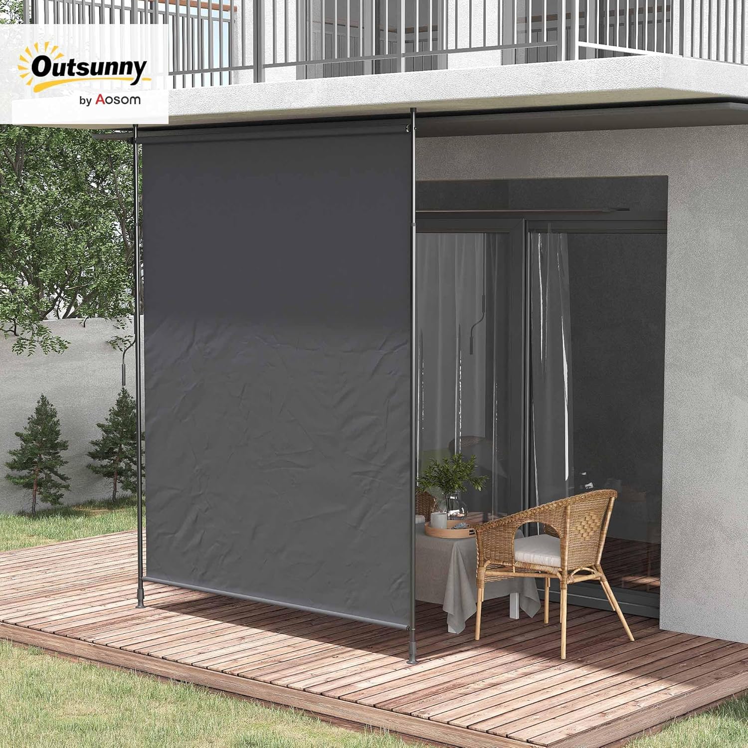 Outsunny Senkrechtmarkise,Vertikalmarkise mit Handkurbel, Wasserfest Sichtschutz, Einziehbares Sonnenschutz UV-beständig, Verstellbare Seitenmarkise, 200 x 215-305 cm für Balkon, Terrasse, Grau — Ansicht 2
