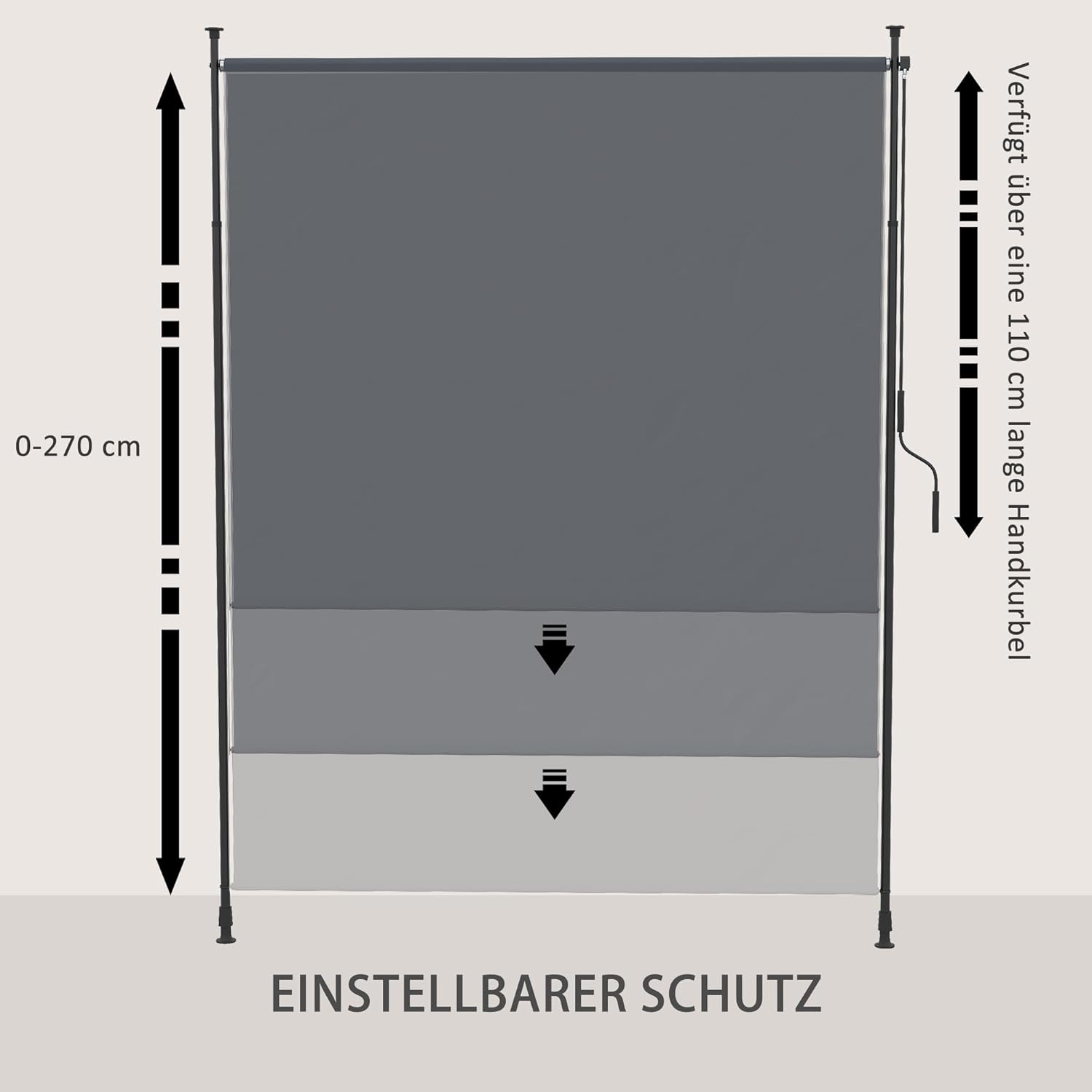 Outsunny Senkrechtmarkise,Vertikalmarkise mit Handkurbel, Wasserfest Sichtschutz, Einziehbares Sonnenschutz UV-beständig, Verstellbare Seitenmarkise, 200 x 215-305 cm für Balkon, Terrasse, Grau — Ansicht 4