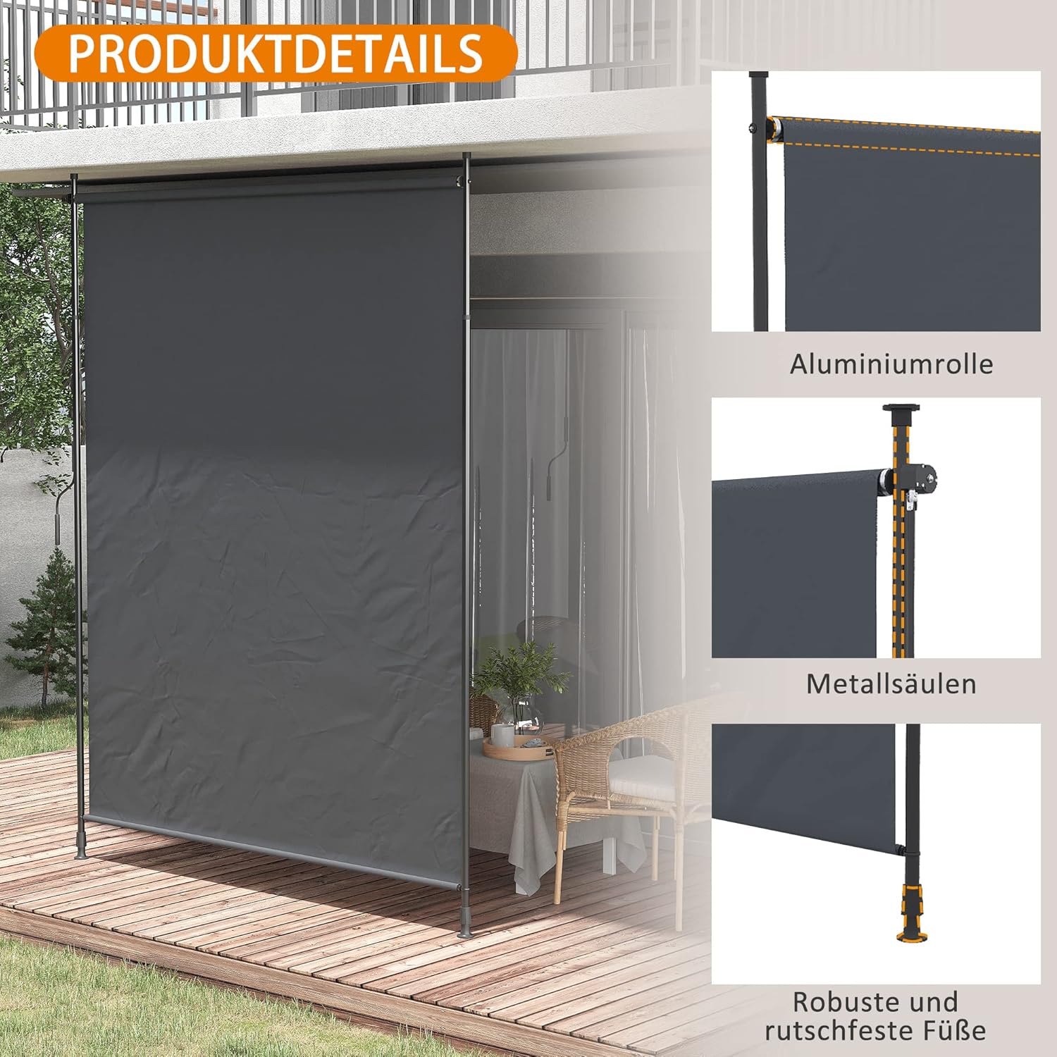 Outsunny Senkrechtmarkise,Vertikalmarkise mit Handkurbel, Wasserfest Sichtschutz, Einziehbares Sonnenschutz UV-beständig, Verstellbare Seitenmarkise, 200 x 215-305 cm für Balkon, Terrasse, Grau — Ansicht 6