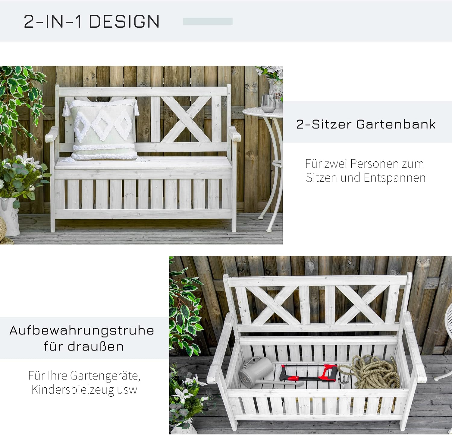 Outsunny Sitzbank mit Stauraum 2-Sitzer Gartentruhe Truhenbank Kissentruhe Aufbewahrung Weiß 115 x 61 x 85 cm — Ansicht 4