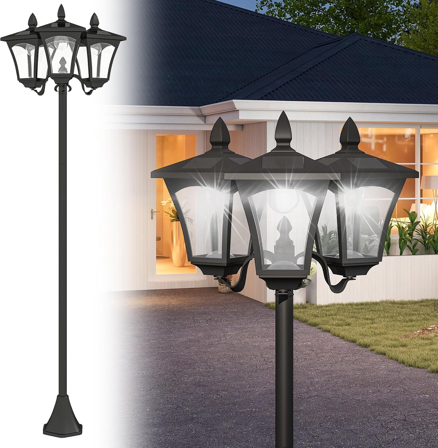 Outsunny Solar Gartenlaterne mit 3 flammig Laterne Mast aus Edelstahl Solarlaterne mit LED 120 Lumen 51,5x47x182,5cm Wegeleuchte IP44 für Garten Balkon Schwarz