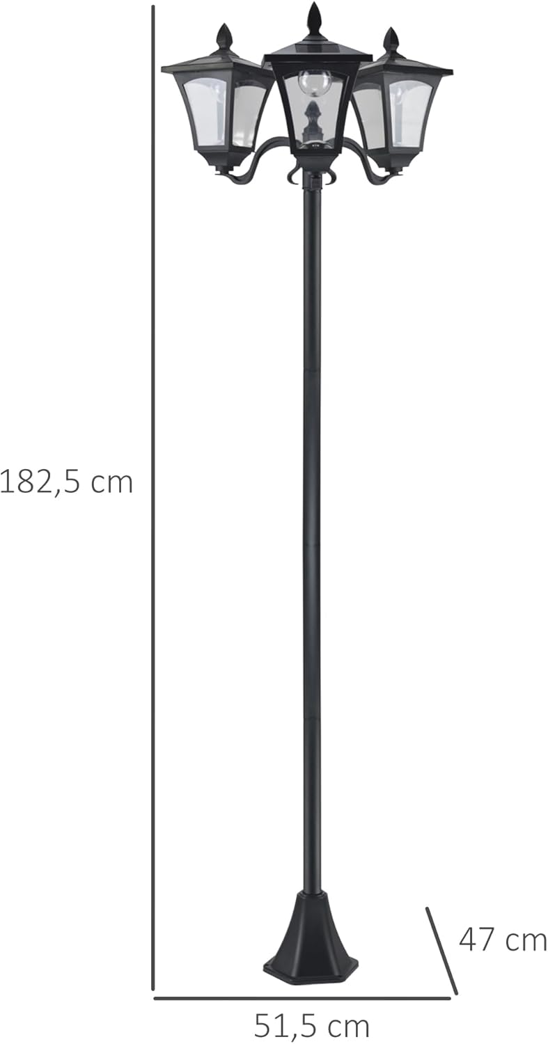 Outsunny Solar Gartenlaterne mit 3 flammig Laterne Mast aus Edelstahl Solarlaterne mit LED 120 Lumen 51,5x47x182,5cm Wegeleuchte IP44 für Garten Balkon Schwarz — Ansicht 5