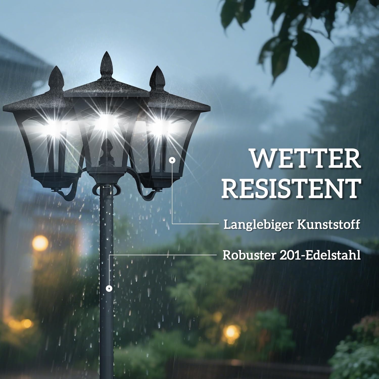 Outsunny Solar Gartenlaterne mit 3 flammig Laterne Mast aus Edelstahl Solarlaterne mit LED 120 Lumen 51,5x47x182,5cm Wegeleuchte IP44 für Garten Balkon Schwarz — Ansicht 6