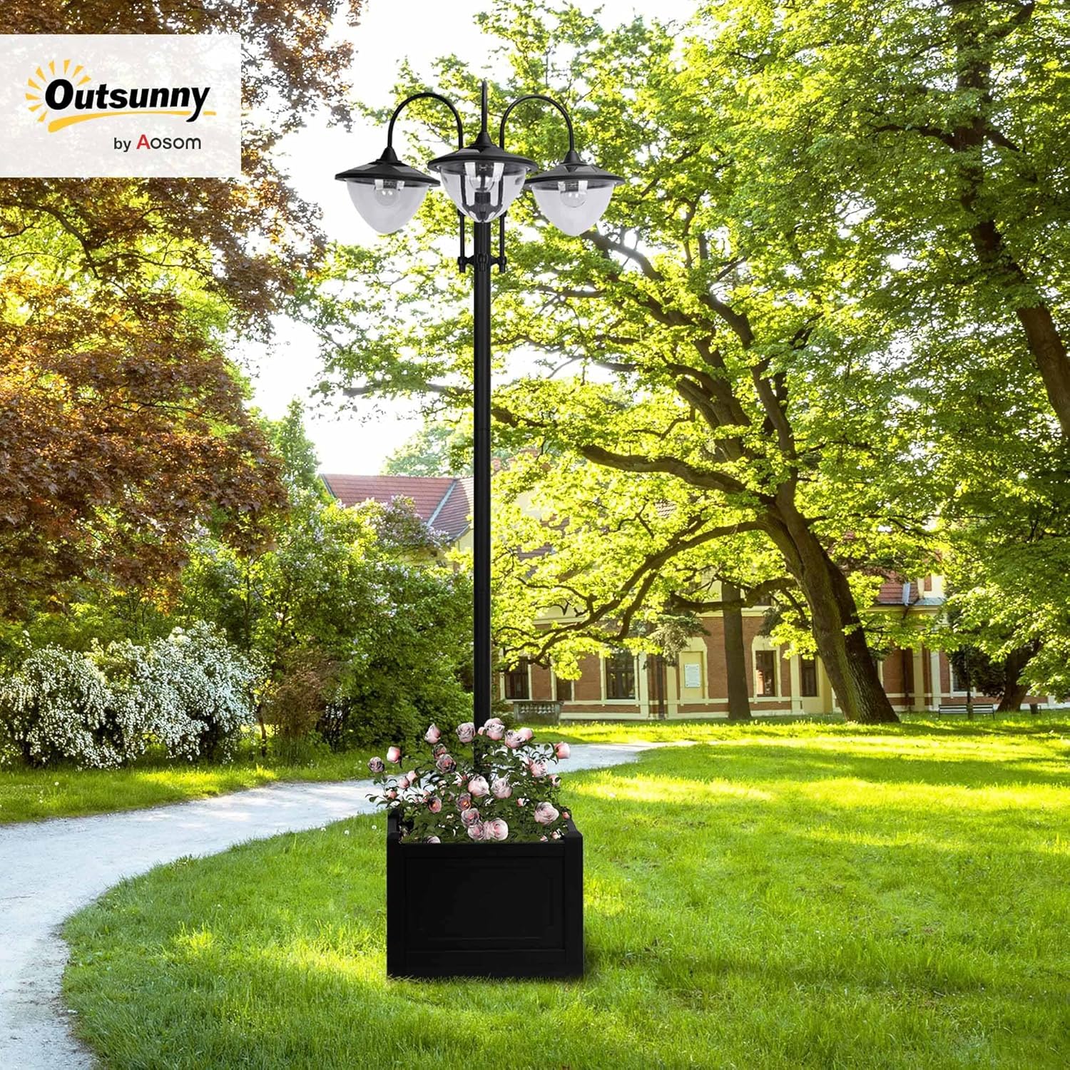Outsunny Solar Laterne Stehleuchte aus Metall, Gartenlaterne mit Lichtsteuerung, 189 cm hoch, Windlicht Außenleuchte, Wasserdicht IP44 mit Blumentopf-Basis für Garten Balkon Deko Schwarz — Ansicht 2