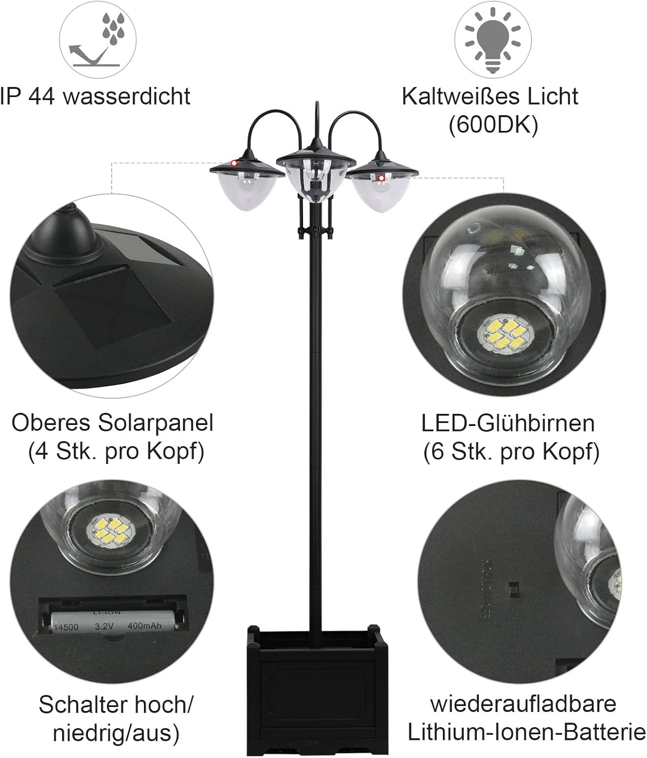 Outsunny Solar Laterne Stehleuchte aus Metall, Gartenlaterne mit Lichtsteuerung, 189 cm hoch, Windlicht Außenleuchte, Wasserdicht IP44 mit Blumentopf-Basis für Garten Balkon Deko Schwarz — Ansicht 5
