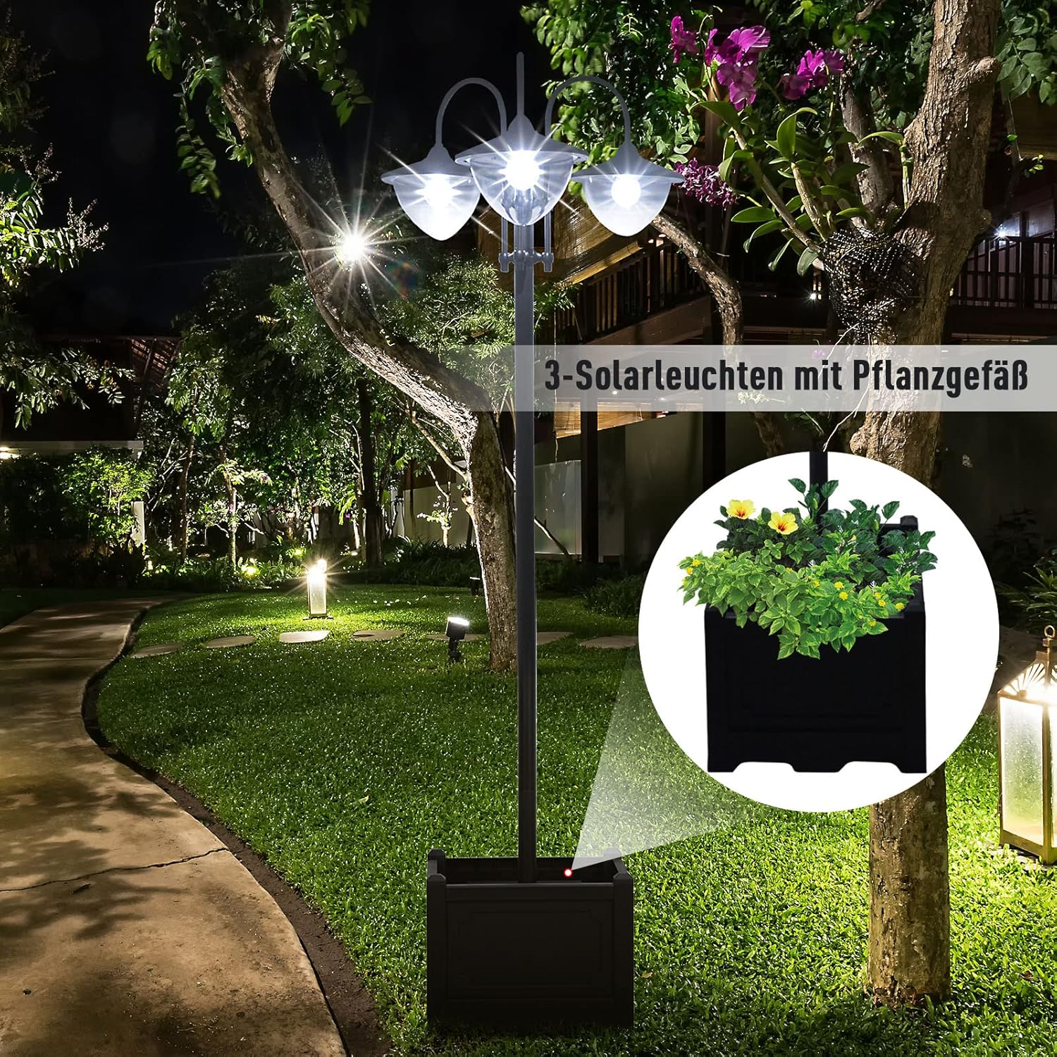 Outsunny Solar Laterne Stehleuchte aus Metall, Gartenlaterne mit Lichtsteuerung, 189 cm hoch, Windlicht Außenleuchte, Wasserdicht IP44 mit Blumentopf-Basis für Garten Balkon Deko Schwarz — Ansicht 6
