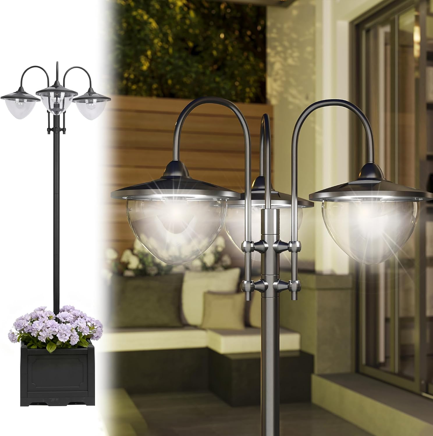 Outsunny Solar Laterne Stehleuchte aus Metall, Gartenlaterne mit Lichtsteuerung, 189 cm hoch, Windlicht Außenleuchte, Wasserdicht IP44 mit Blumentopf-Basis für Garten Balkon Deko Schwarz