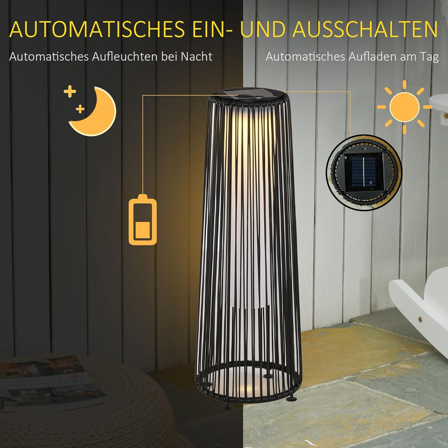 Outsunny Solarlampe Rattan mit Lichtsensor, Aufladbar LED Solarleuchte, Solarlaterne IP44 Spritzwassergeschützt, Outdoor Lampe, Wegbeleuchtung für Garten Balkon Außen Hof, 21,5 x 21,5 x 61 cm, Schwarz — Ansicht 3