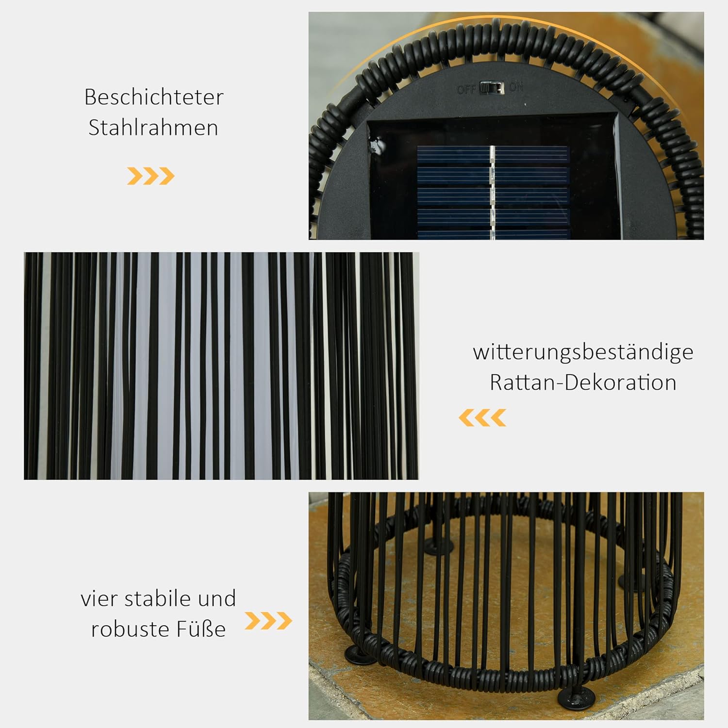 Outsunny Solarlampe Rattan mit Lichtsensor, Aufladbar LED Solarleuchte, Solarlaterne IP44 Spritzwassergeschützt, Outdoor Lampe, Wegbeleuchtung für Garten Balkon Außen Hof, 21,5 x 21,5 x 61 cm, Schwarz — Ansicht 5