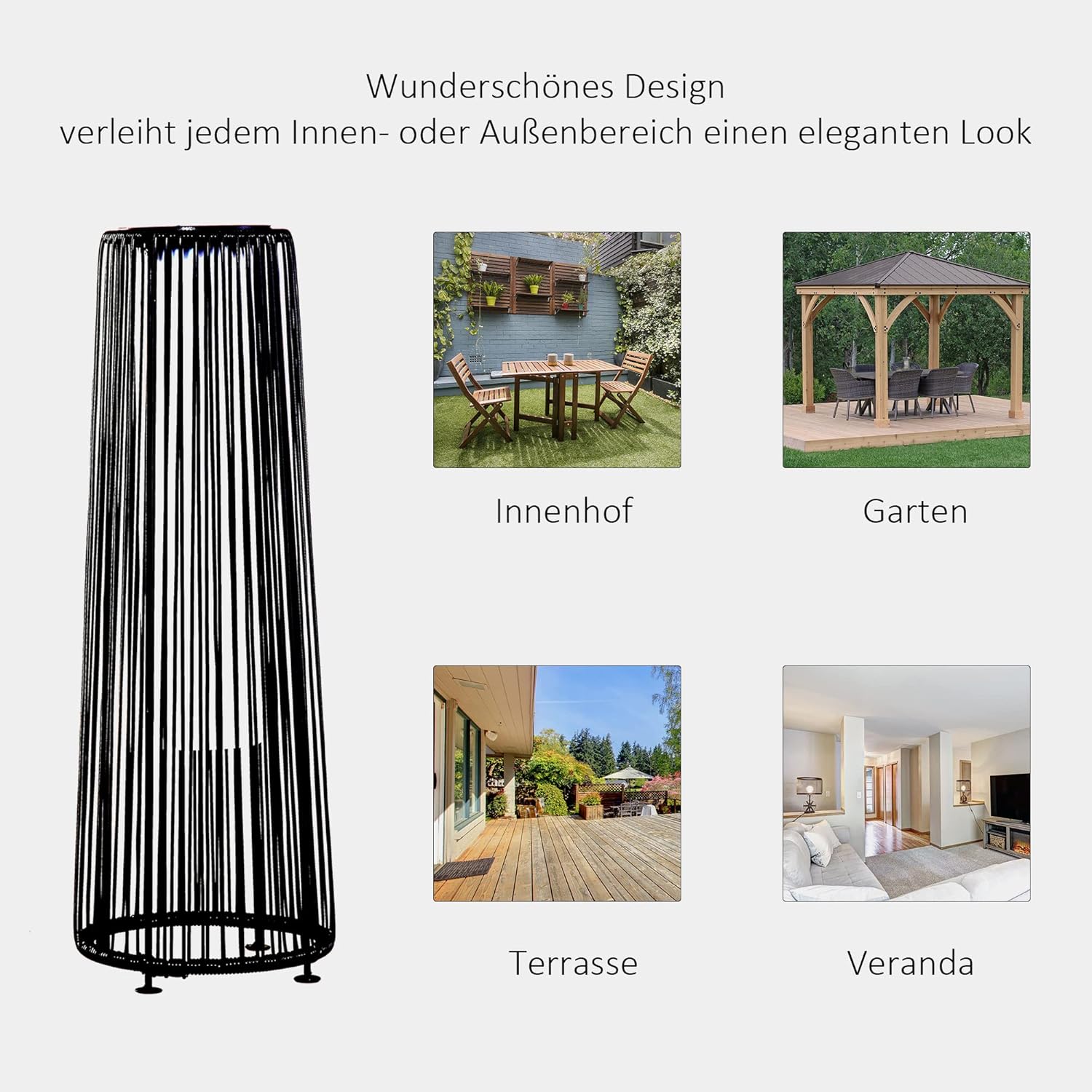 Outsunny Solarlampe Rattan mit Lichtsensor, Aufladbar LED Solarleuchte, Solarlaterne IP44 Spritzwassergeschützt, Outdoor Lampe, Wegbeleuchtung für Garten Balkon Außen Hof, 21,5 x 21,5 x 61 cm, Schwarz — Ansicht 6