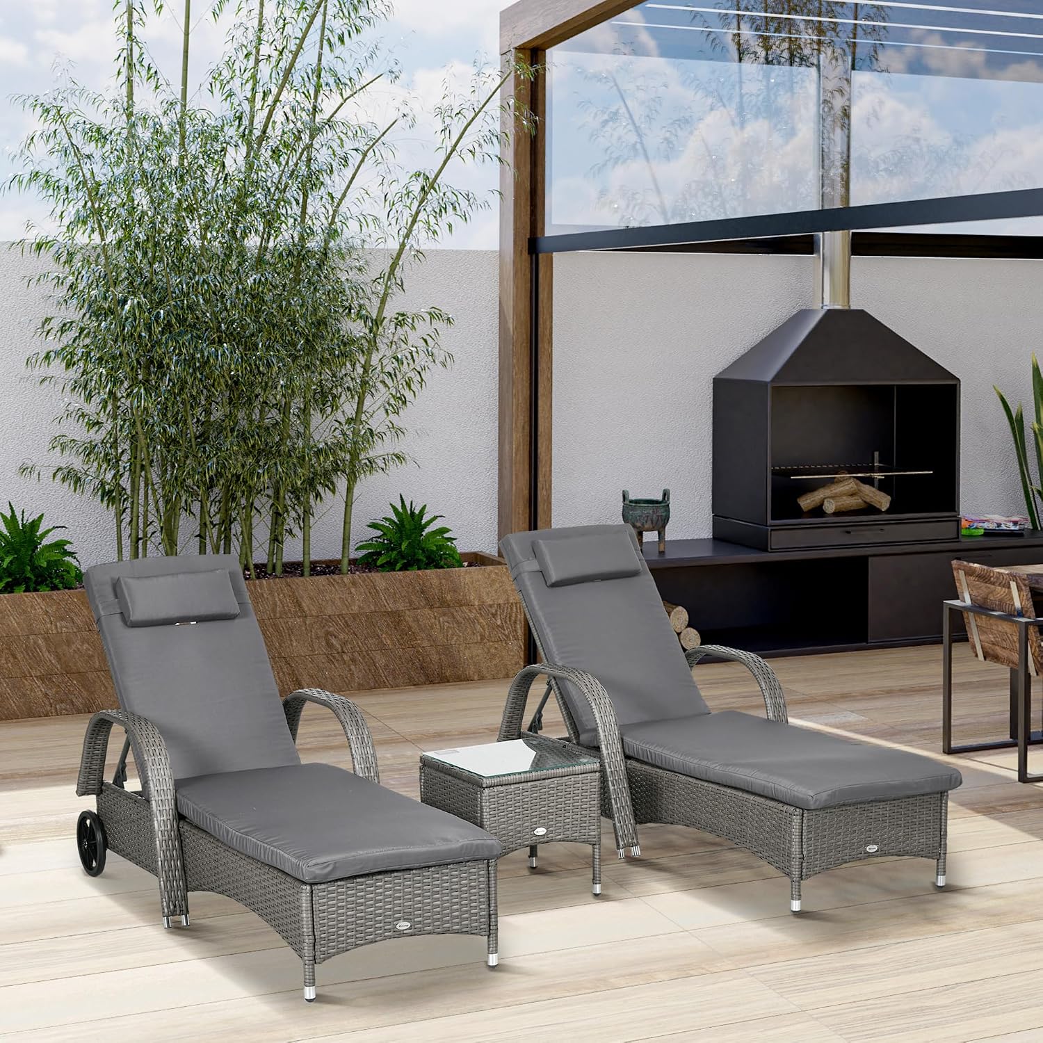 Outsunny Sonnenliege Gartenliege Tisch 3er-Set Gartenmöbel, Polyrattan+Metall Grau+Dunkelgrau — Ansicht 2