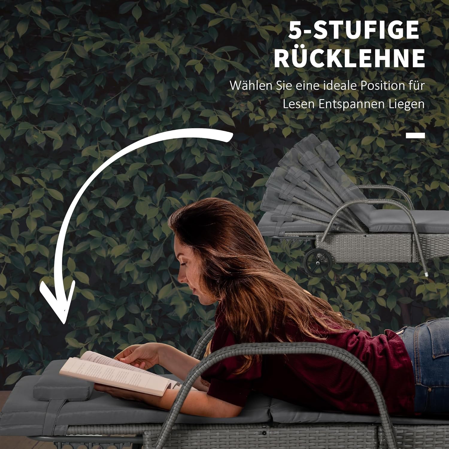 Outsunny Sonnenliege Gartenliege Tisch 3er-Set Gartenmöbel, Polyrattan+Metall Grau+Dunkelgrau — Ansicht 4