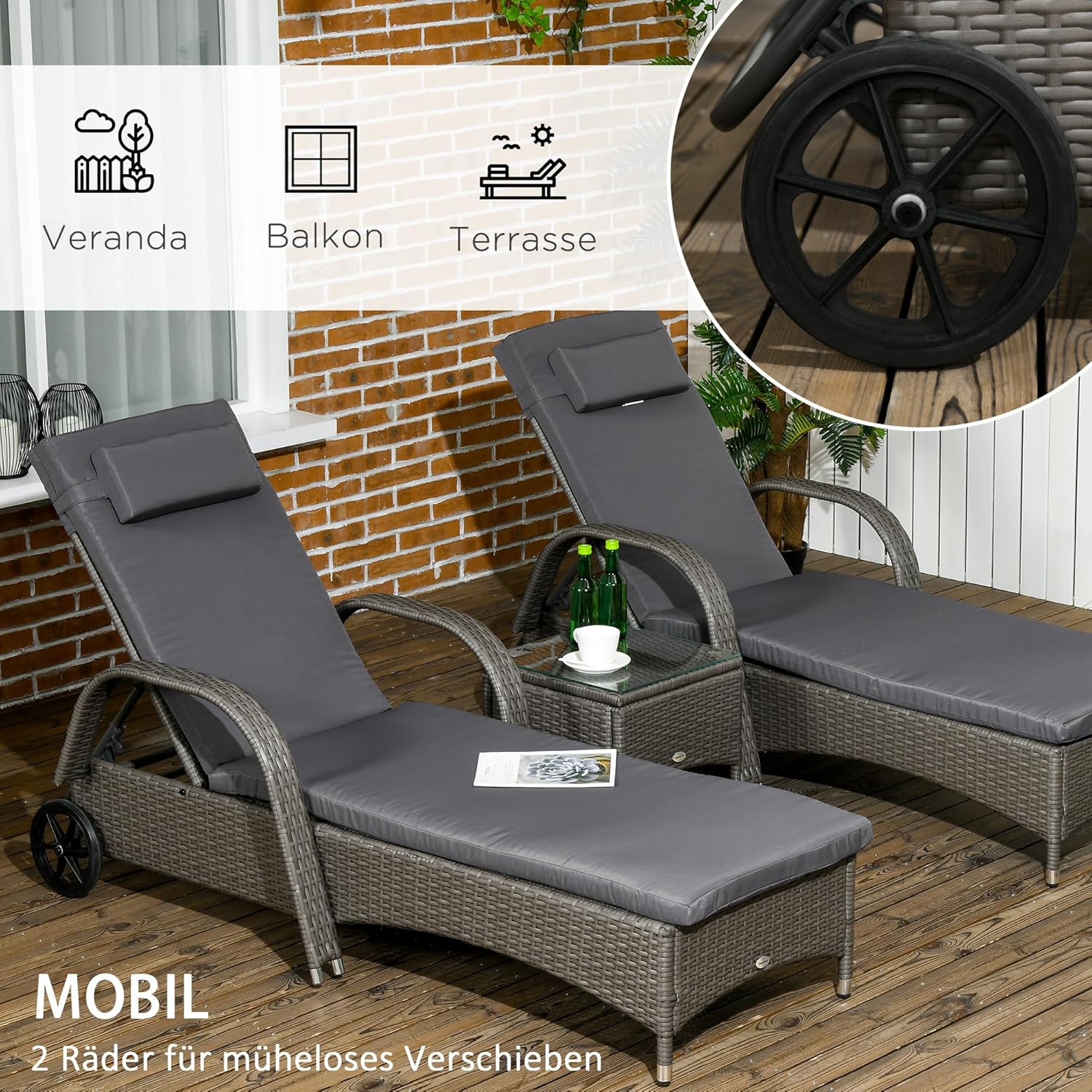 Outsunny Sonnenliege Gartenliege Tisch 3er-Set Gartenmöbel, Polyrattan+Metall Grau+Dunkelgrau — Ansicht 5