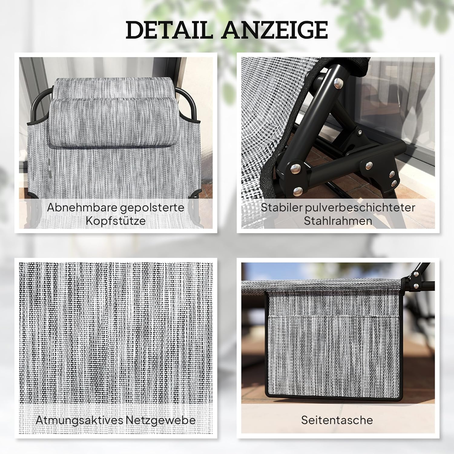 Outsunny Sonnenliege klappbar Gartenliege mit Kopfkissen, Liegestuhl mit 4-Fach verstellbare Rückenlehne, wetterfeste Campingliege, Gartenstuhl bis 120 kg belastbar, für Garten Outdoor Pool, Grau — Ansicht 6