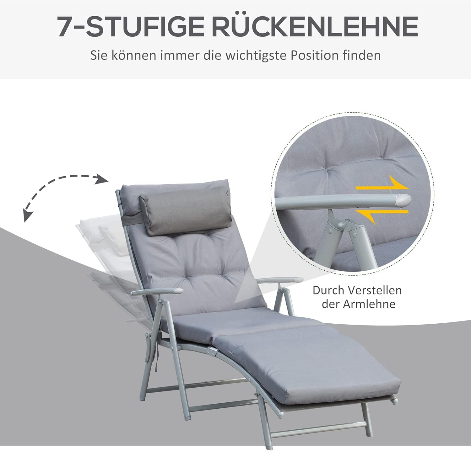 Outsunny Sonnenliege klappbar Strandliege mit Kopfkissen Sitzkissen Liegestuhl mit 7-Fach verstellbare Rückenlehne Gartenliege Relaxliege bis 165 kg belastbar, für Garten Urlaub Outdoor, Grau — Ansicht 4