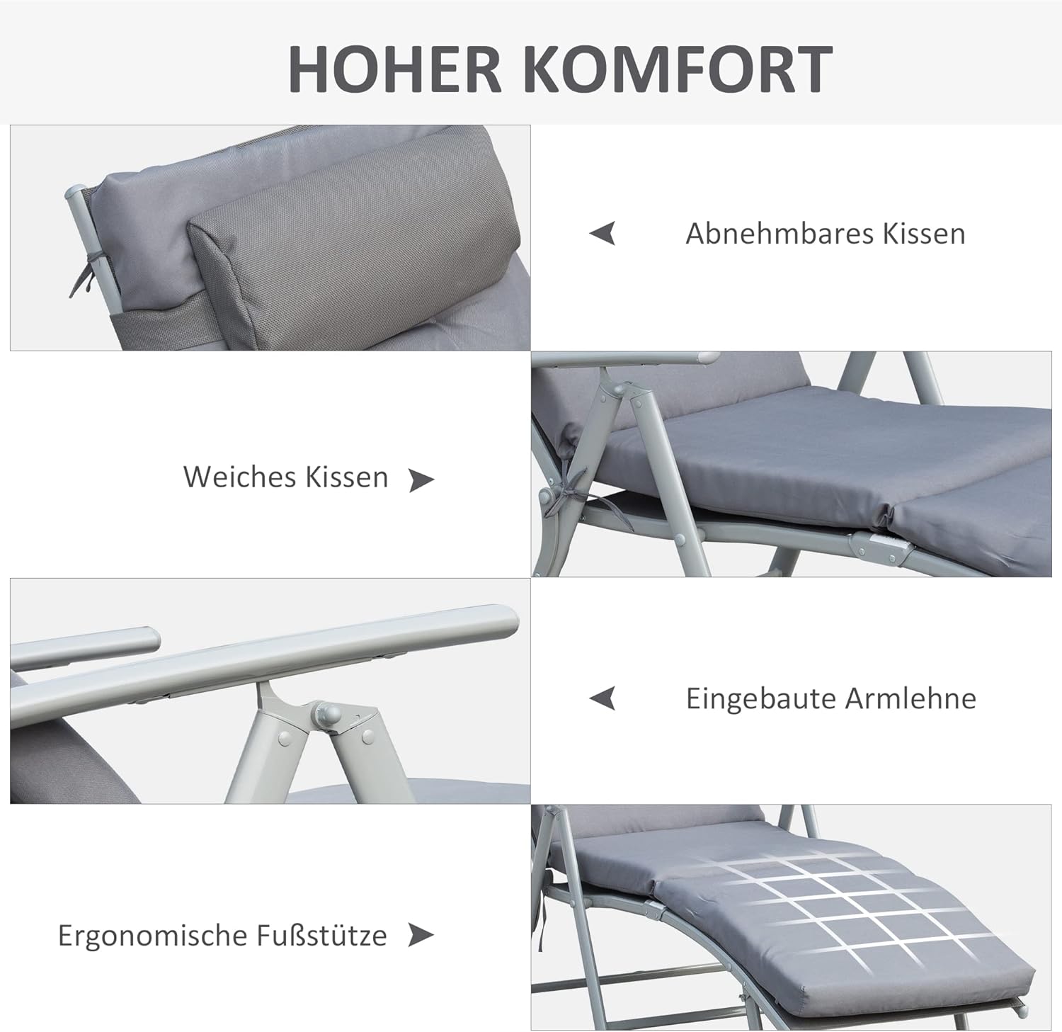 Outsunny Sonnenliege klappbar Strandliege mit Kopfkissen Sitzkissen Liegestuhl mit 7-Fach verstellbare Rückenlehne Gartenliege Relaxliege bis 165 kg belastbar, für Garten Urlaub Outdoor, Grau — Ansicht 5