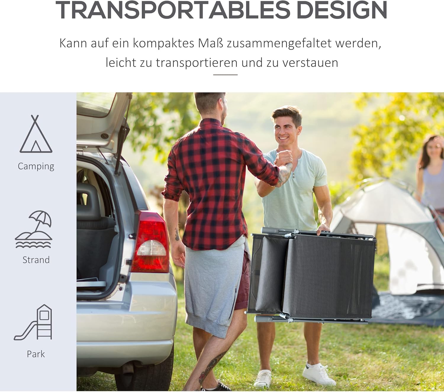 Outsunny Sonnenliege klappbar Strandliege mit Kopfkissen Sitzkissen Liegestuhl mit 7-Fach verstellbare Rückenlehne Gartenliege Relaxliege bis 165 kg belastbar, für Garten Urlaub Outdoor, Grau — Ansicht 6