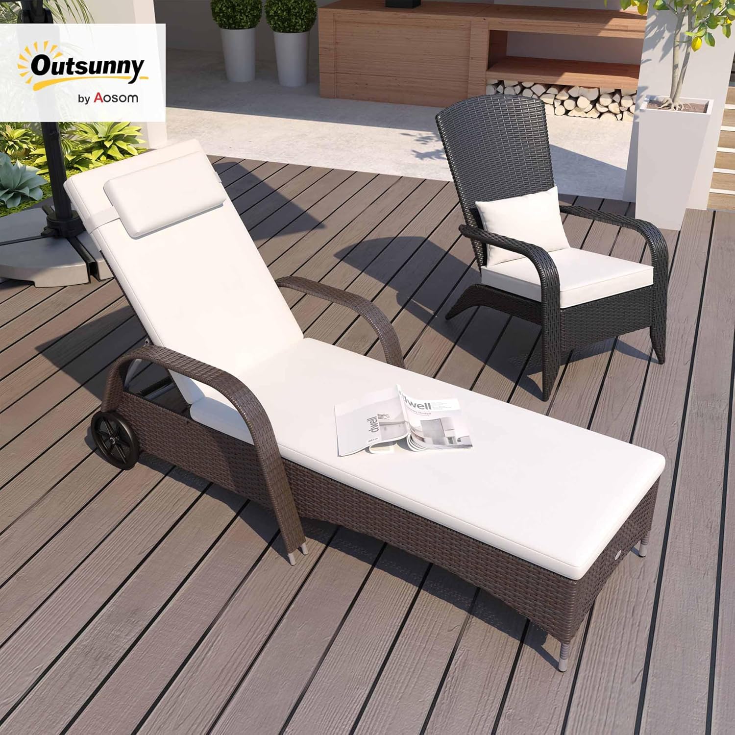 Outsunny Sonnenliege Polyrattan Gartenliege mit 5-Fach Verstellbarer Rücklehne, Polsterauflage, Rollen, Kissen, 160 kg belastbar Relaxliege Liegestuhl für Garten, 200x73x30-103cm, Kaffeebraun — Ansicht 2