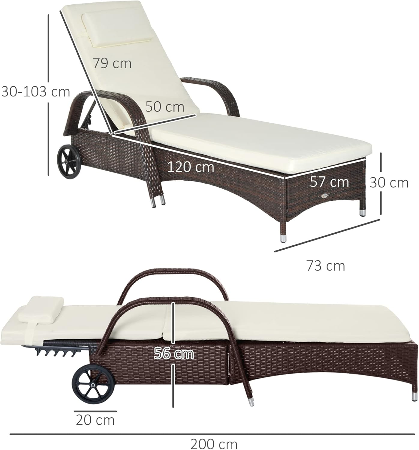 Outsunny Sonnenliege Polyrattan Gartenliege mit 5-Fach Verstellbarer Rücklehne, Polsterauflage, Rollen, Kissen, 160 kg belastbar Relaxliege Liegestuhl für Garten, 200x73x30-103cm, Kaffeebraun — Ansicht 3