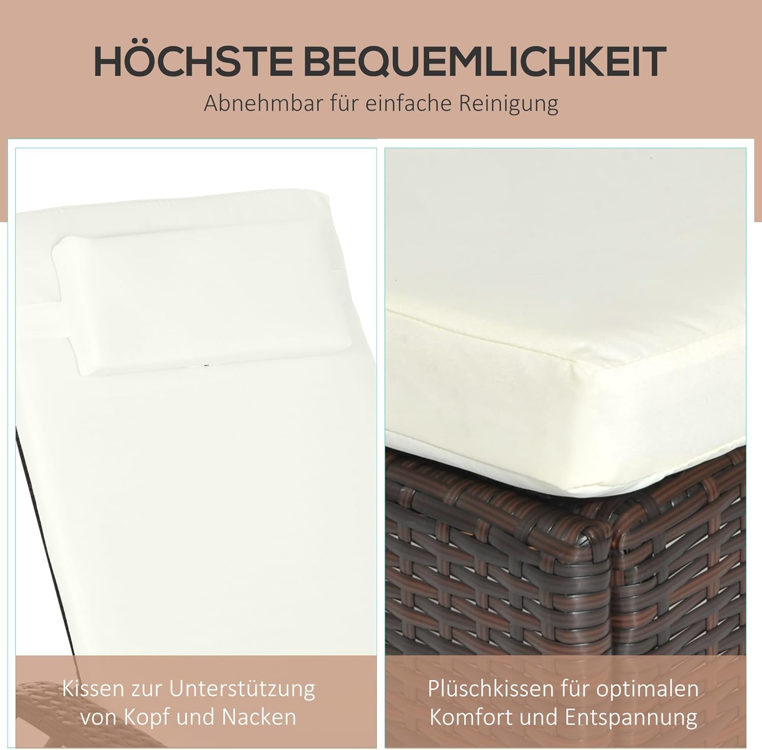 Outsunny Sonnenliege Polyrattan Gartenliege mit 5-Fach Verstellbarer Rücklehne, Polsterauflage, Rollen, Kissen, 160 kg belastbar Relaxliege Liegestuhl für Garten, 200x73x30-103cm, Kaffeebraun — Ansicht 5