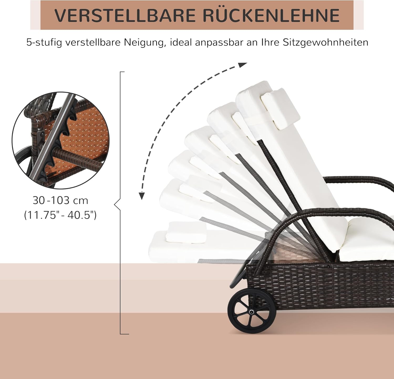 Outsunny Sonnenliege Polyrattan Gartenliege mit 5-Fach Verstellbarer Rücklehne, Polsterauflage, Rollen, Kissen, 160 kg belastbar Relaxliege Liegestuhl für Garten, 200x73x30-103cm, Kaffeebraun — Ansicht 6