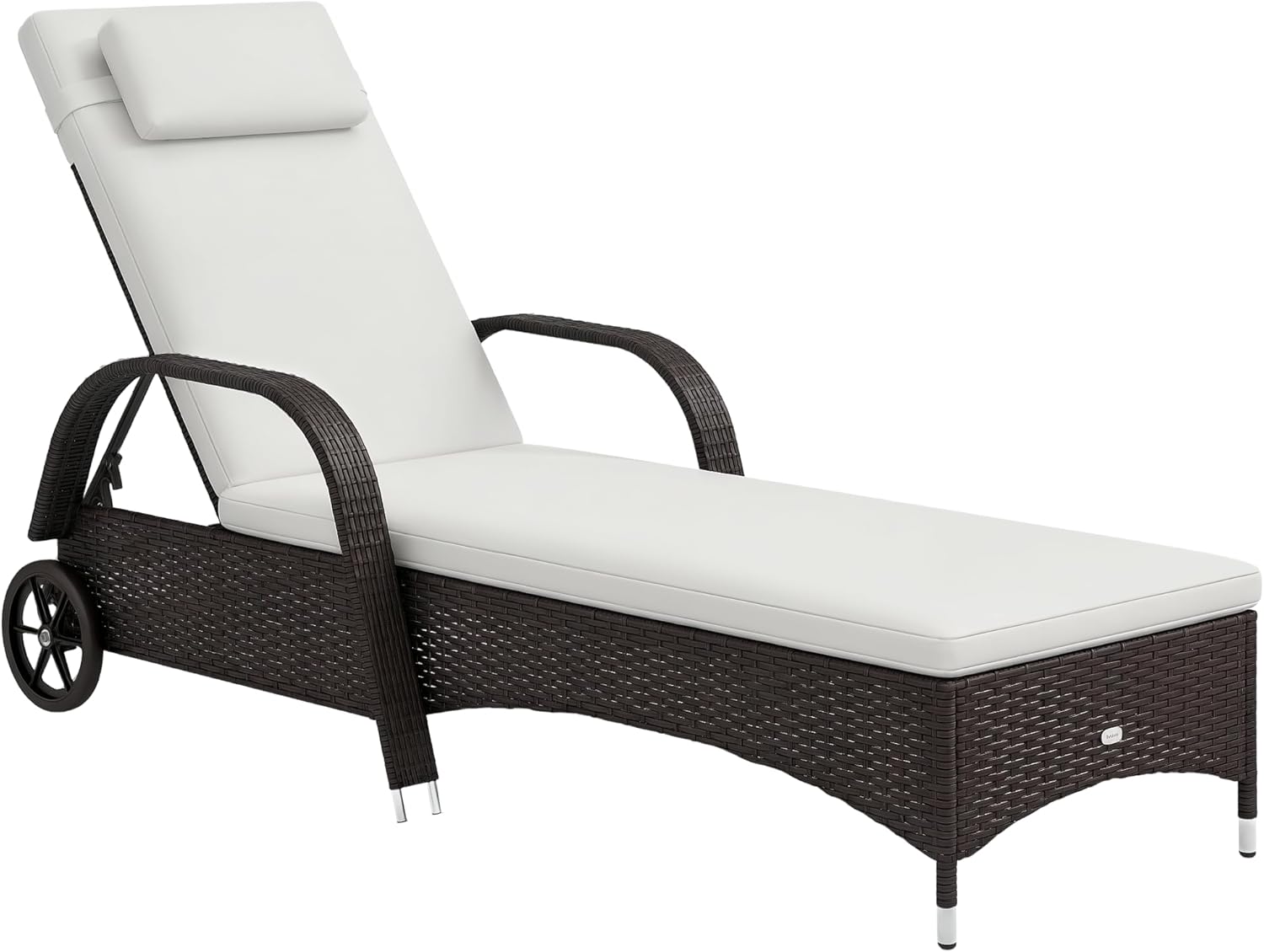 Outsunny Sonnenliege Polyrattan Gartenliege mit 5-Fach Verstellbarer Rücklehne, Polsterauflage, Rollen, Kissen, 160 kg belastbar Relaxliege Liegestuhl für Garten, 200x73x30-103cm, Kaffeebraun