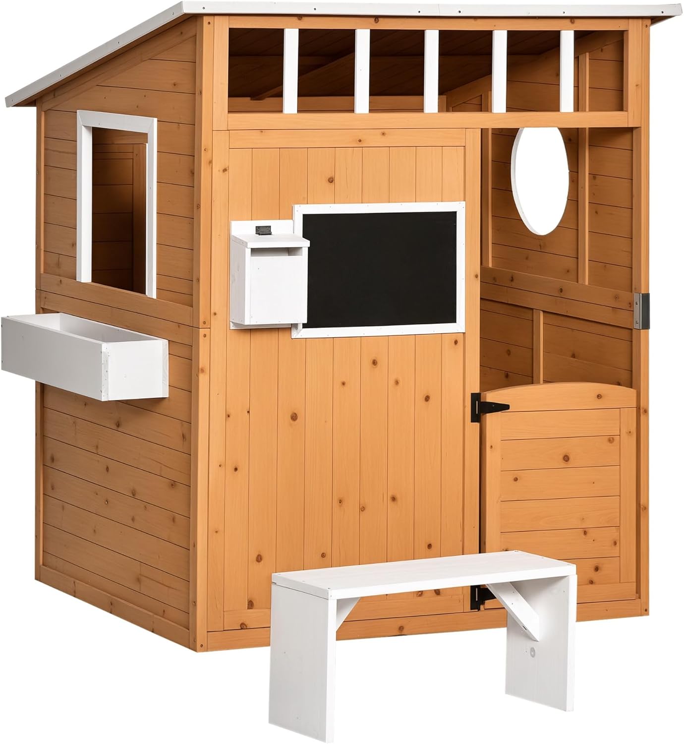 Outsunny Spielhaus Kinderspielhaus aus Holz mit Tür Fenster Briefkasten Blumentopfrack Gartenhaus für Jungen und Mädchen 3-8 Jahre Kinderspielzeug für Outdoor & Indoor Natur
