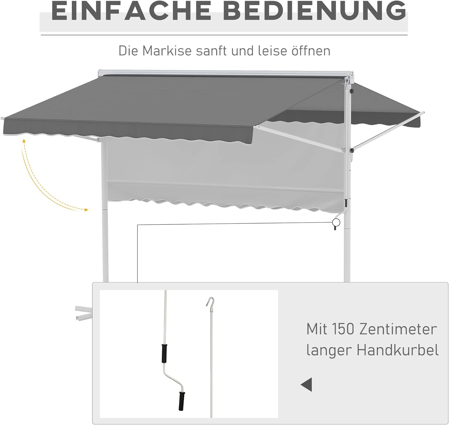 Outsunny Standmarkise Gartenmarkise Markise mit Faltarm Kurbel Terrasse Grau 3x3m — Ansicht 4