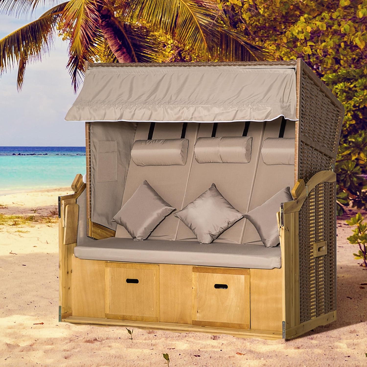 Outsunny Strandkorb 3-Sitzer Sonnenliege mit Dach 2 Klapptischen Fußstütze Chaiselongue 5-stufige Rückenlehne XXL Polyrattan Natur 150 x 79 x 160 cm — Ansicht 2