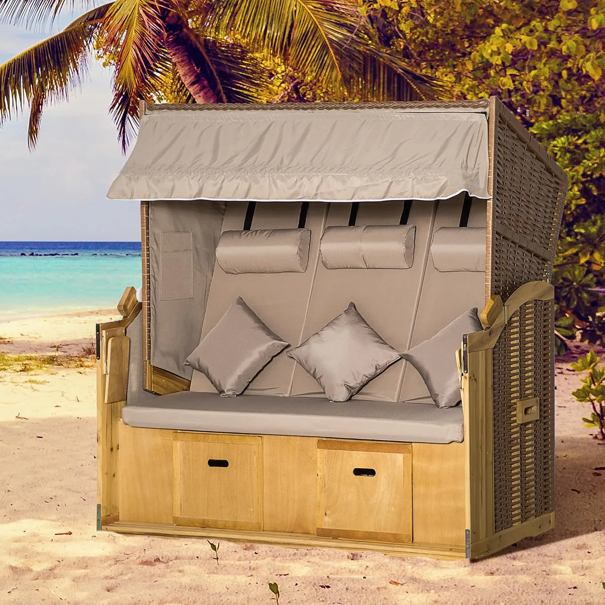 Strandkorb 3-Sitzer Sonnenliege mit Dach 2 Klapptischen… — Ansicht 2