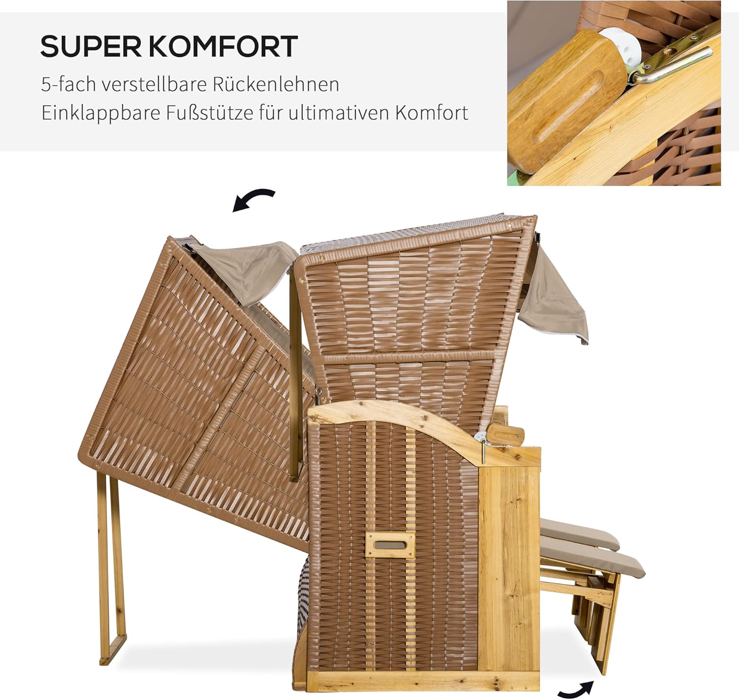 Outsunny Strandkorb 3-Sitzer Sonnenliege mit Dach 2 Klapptischen Fußstütze Chaiselongue 5-stufige Rückenlehne XXL Polyrattan Natur 150 x 79 x 160 cm — Ansicht 5