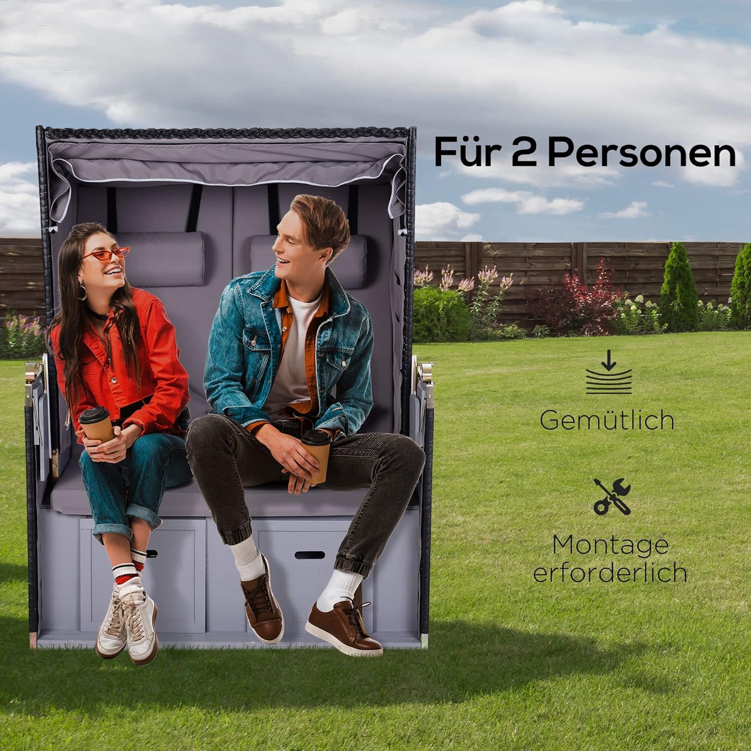 Outsunny Strandkorb Ostsee Volllieger 2-Sitzer Winterfest Strandkörbe aus Hartholz, Strandkorb mit Dach Fußbänkchen Seitentische, Strandstuhl für Balkon, Garten Terrasse, Grau — Ansicht 5