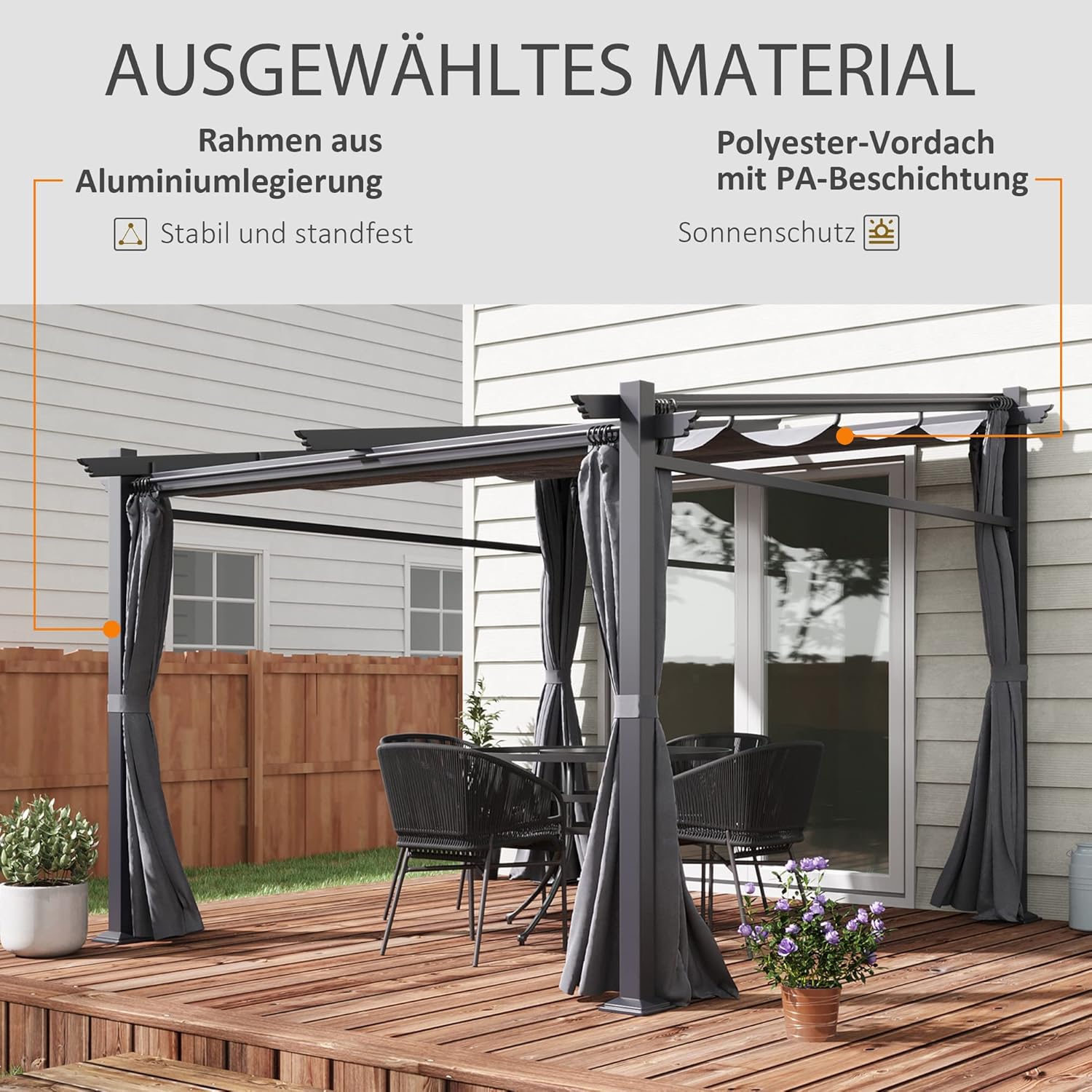 Outsunny Terrassendach Pergola ca. 3x3m Terrassendachung Garten Pavillon Aluminium, Wandmontage, Gartenpavillon mit Verstellbares Dach, UV Schutz, Sonnenschutz für Terrasse und Garten, Dunkelgrau — Ansicht 3